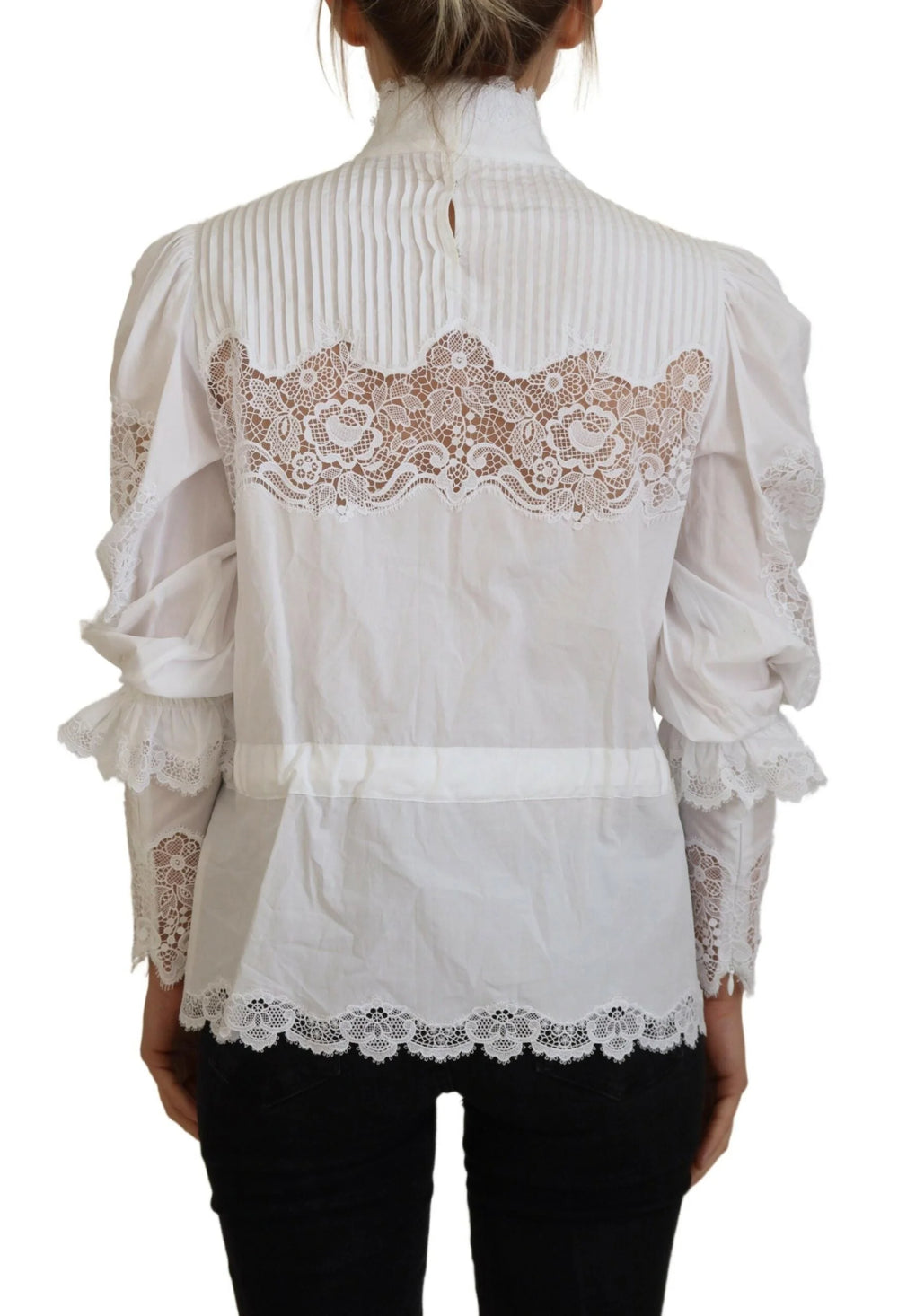 Dolce & Gabbana White Cotton Lace Trim Turtle Neck Blouse Top - IT40|S - Blouses