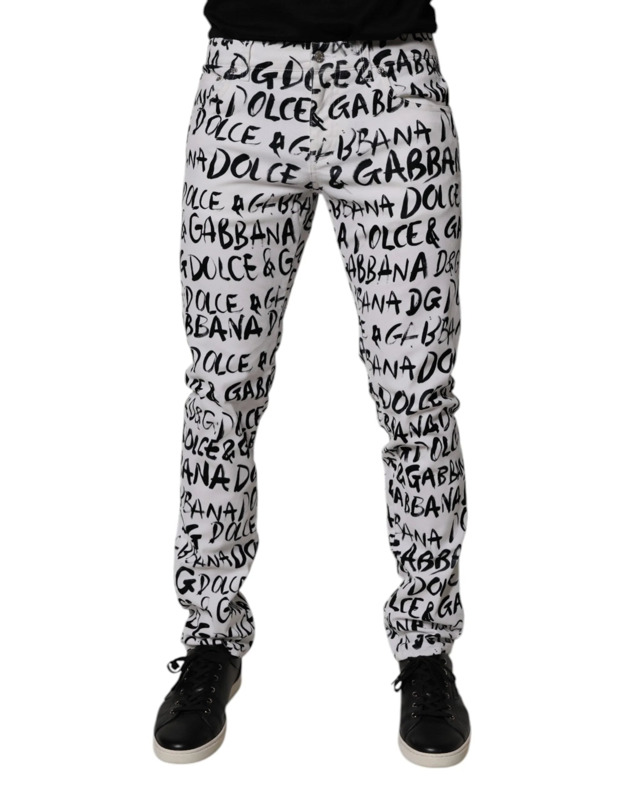 Dolce & Gabbana White Cotton Logo Print Skinny Denim Jeans - IT48 | M - Jeans