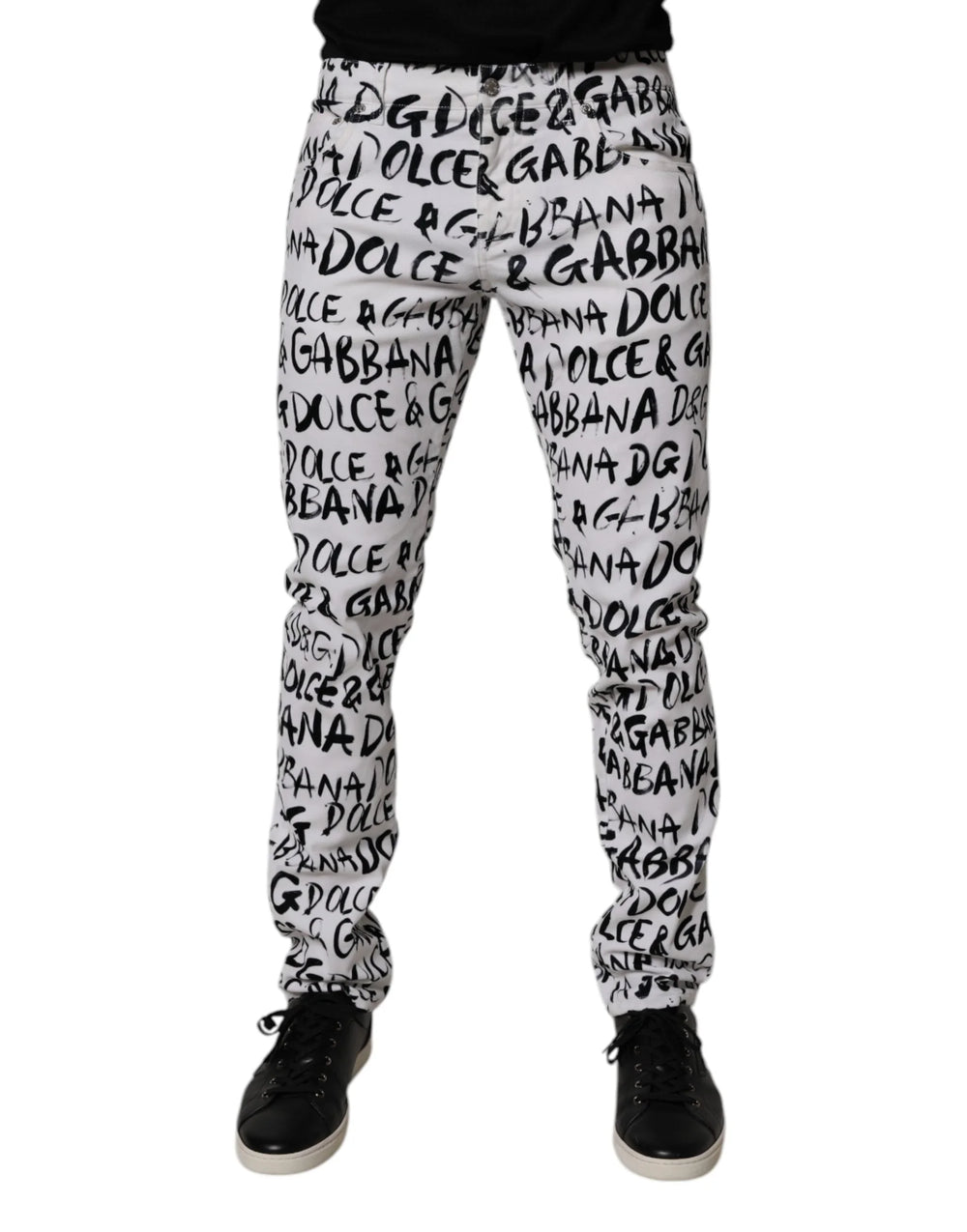 Dolce & Gabbana White Cotton Logo Print Skinny Denim Jeans - IT48 | M - Jeans