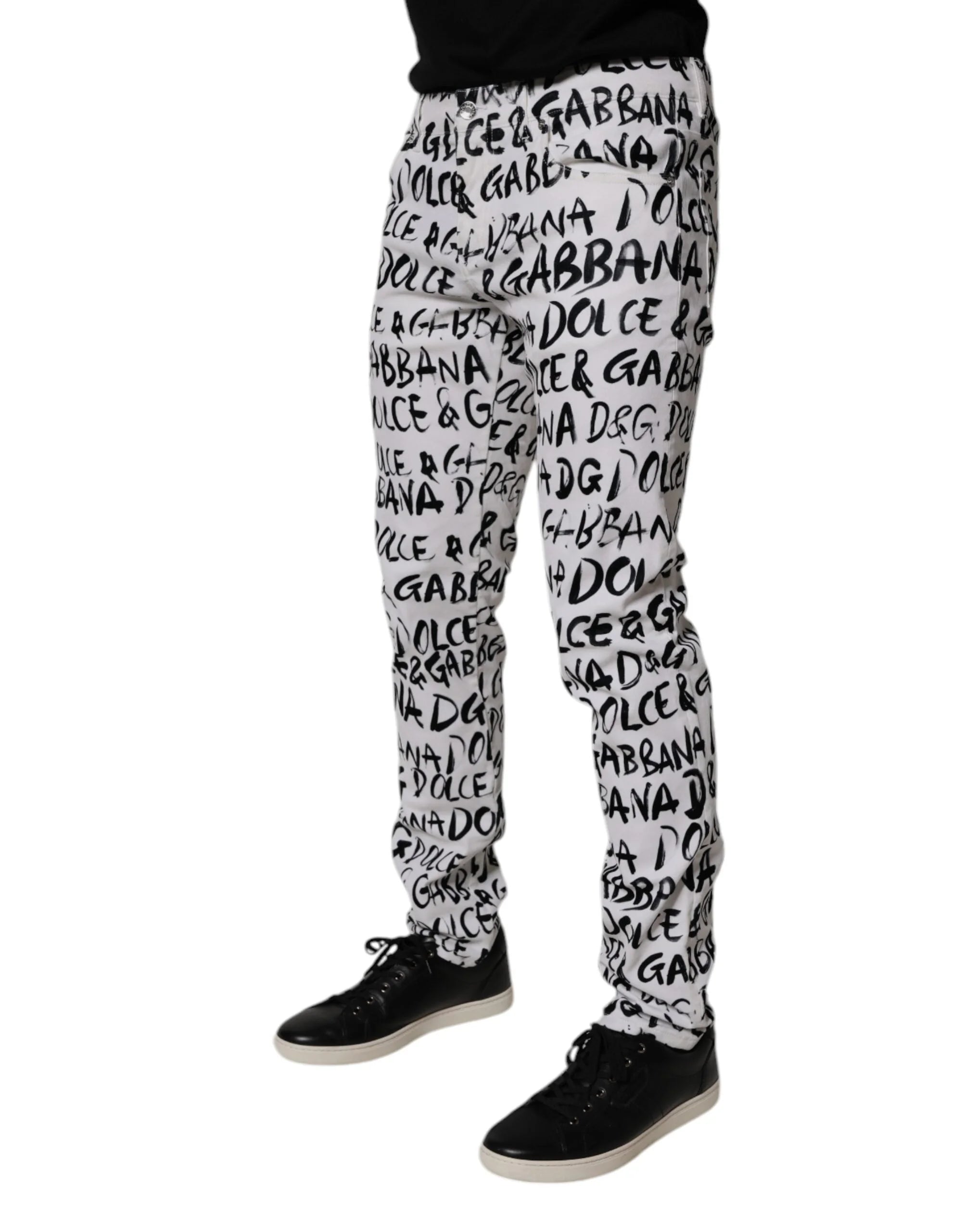 Dolce & Gabbana White Cotton Logo Print Skinny Denim Jeans - IT48 | M - Jeans