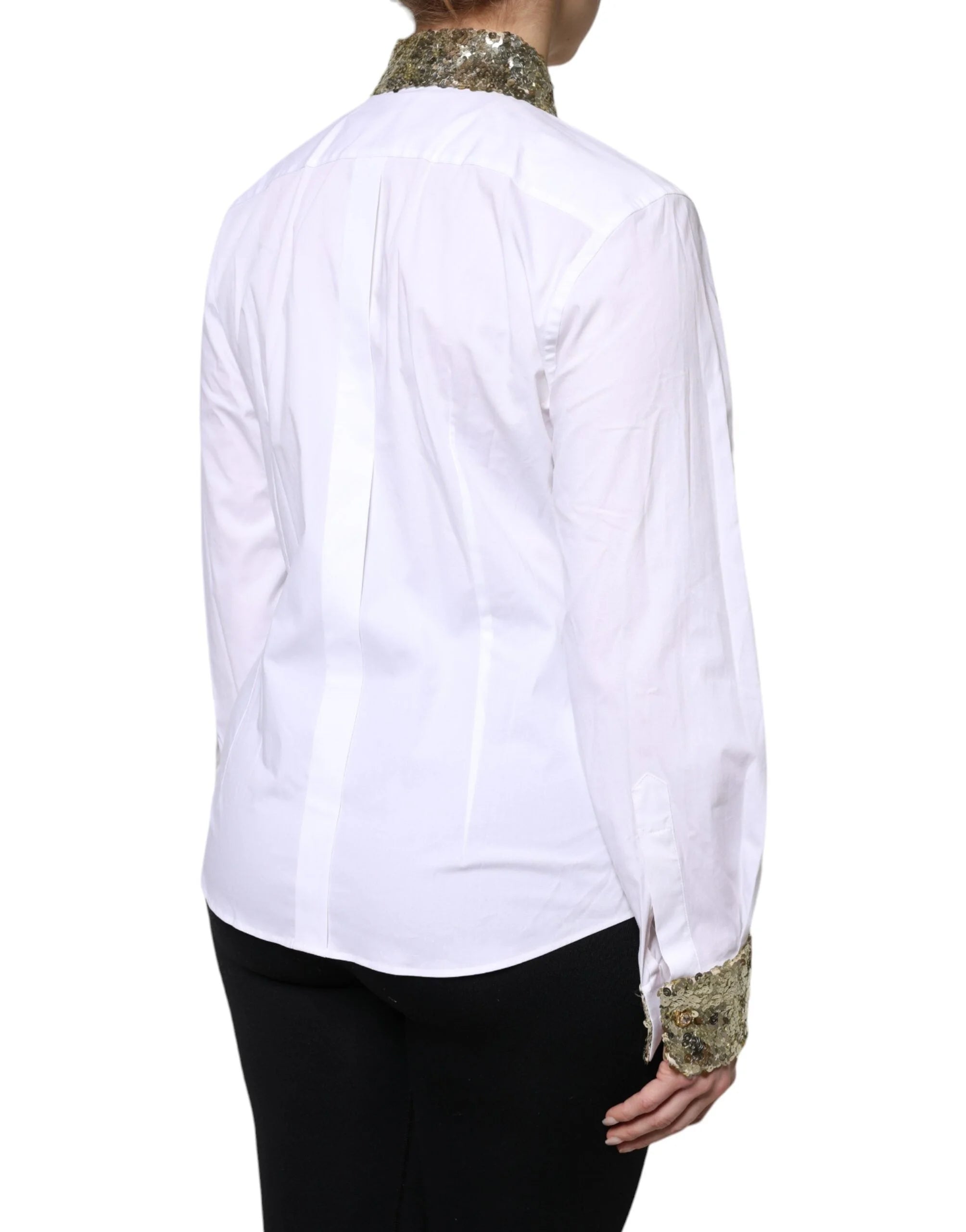 Dolce & Gabbana White Cotton Long Sleeves Sequin Shirt Top - Shirts