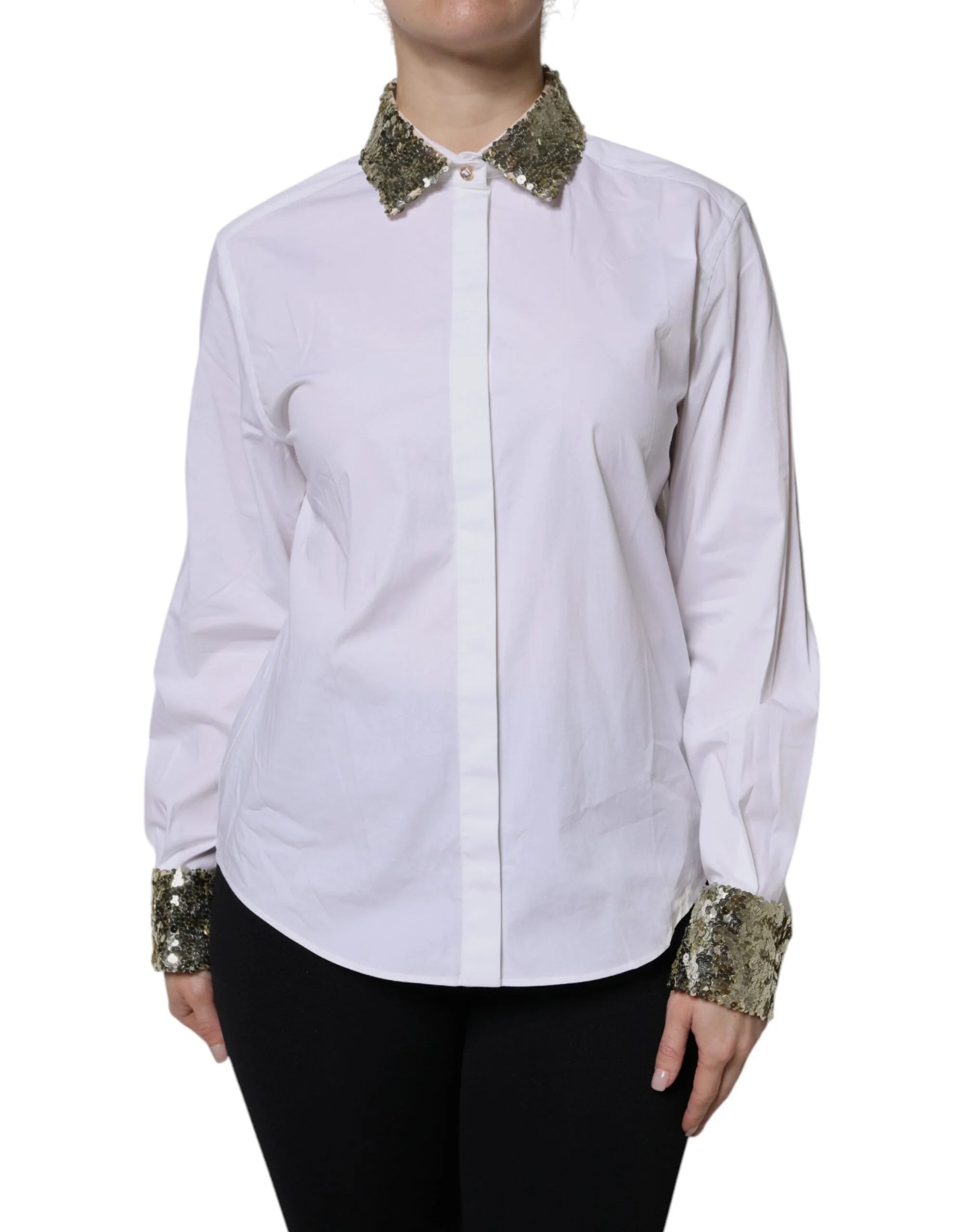 Dolce & Gabbana White Cotton Long Sleeves Sequin Shirt Top - Shirts