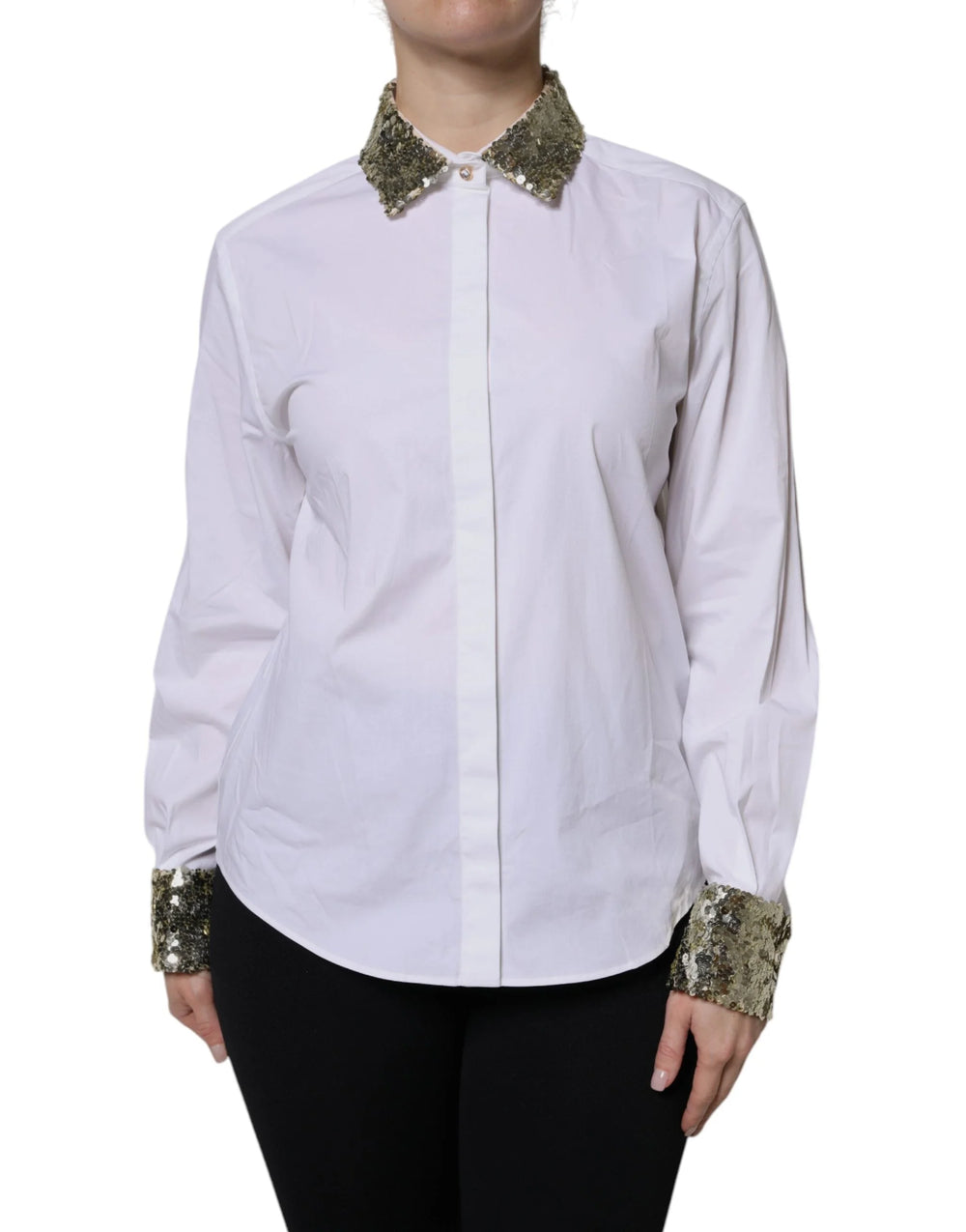 Dolce & Gabbana White Cotton Long Sleeves Sequin Shirt Top - Shirts