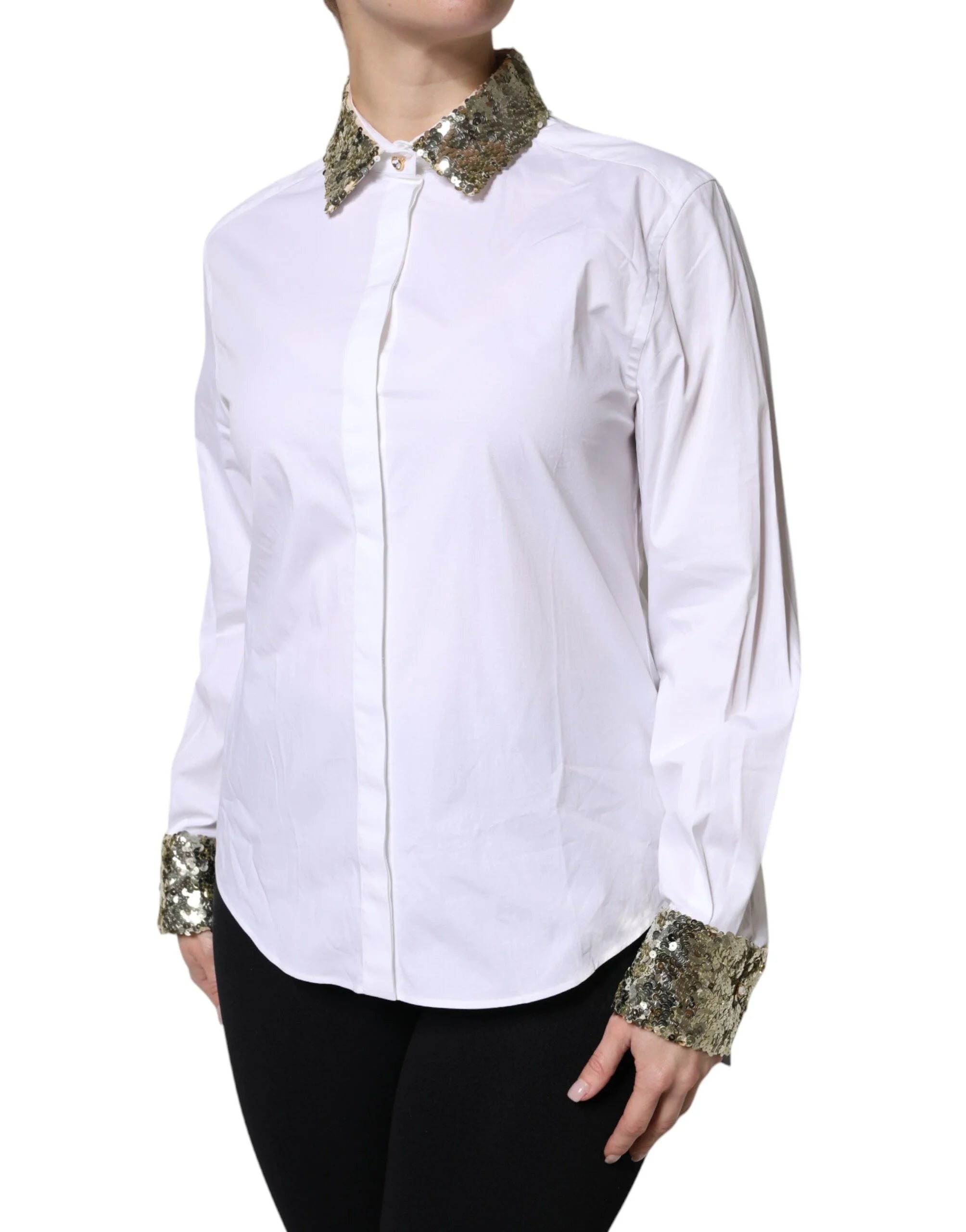 Dolce & Gabbana White Cotton Long Sleeves Sequin Shirt Top - Shirts