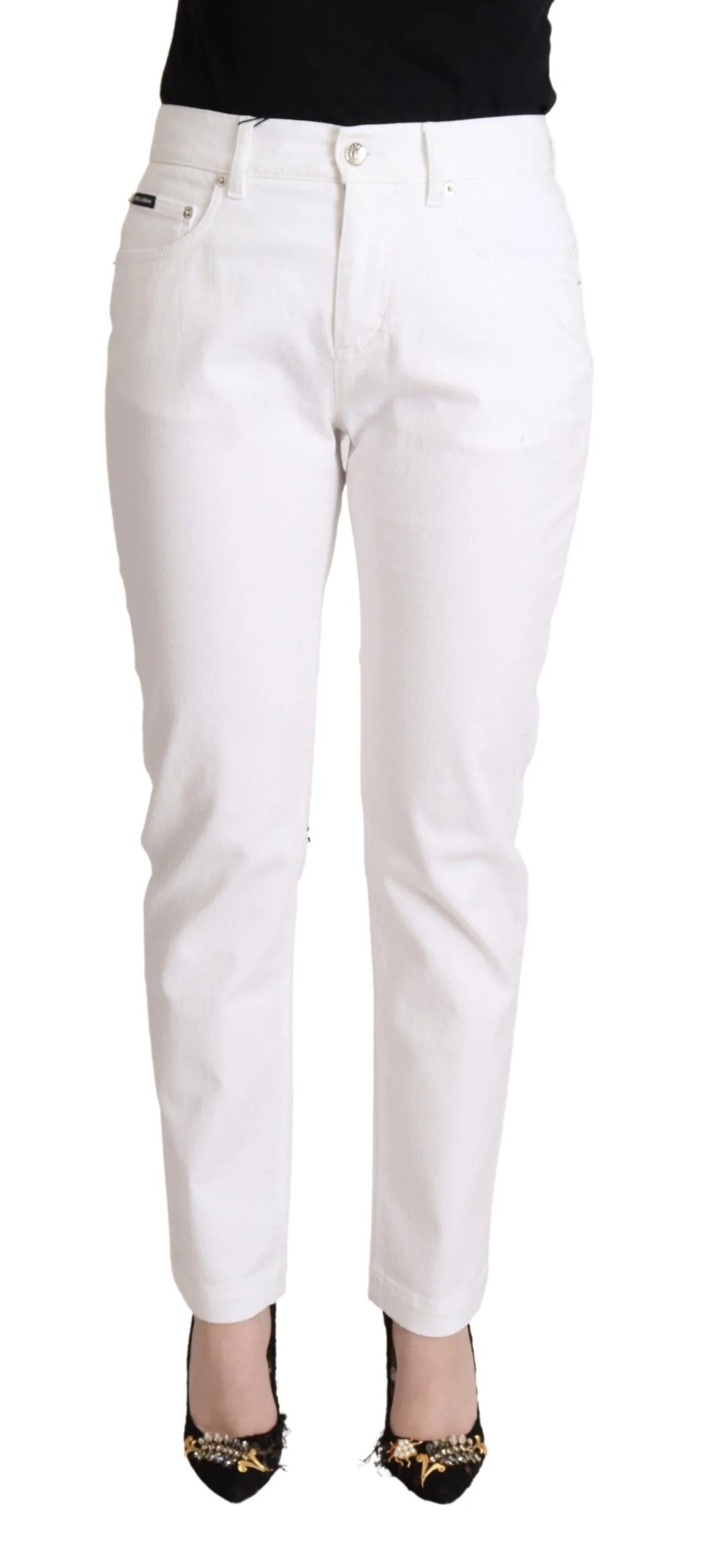 Dolce & Gabbana White Cotton Mid Waist Denim Tapered Jeans - IT40|S - Jeans