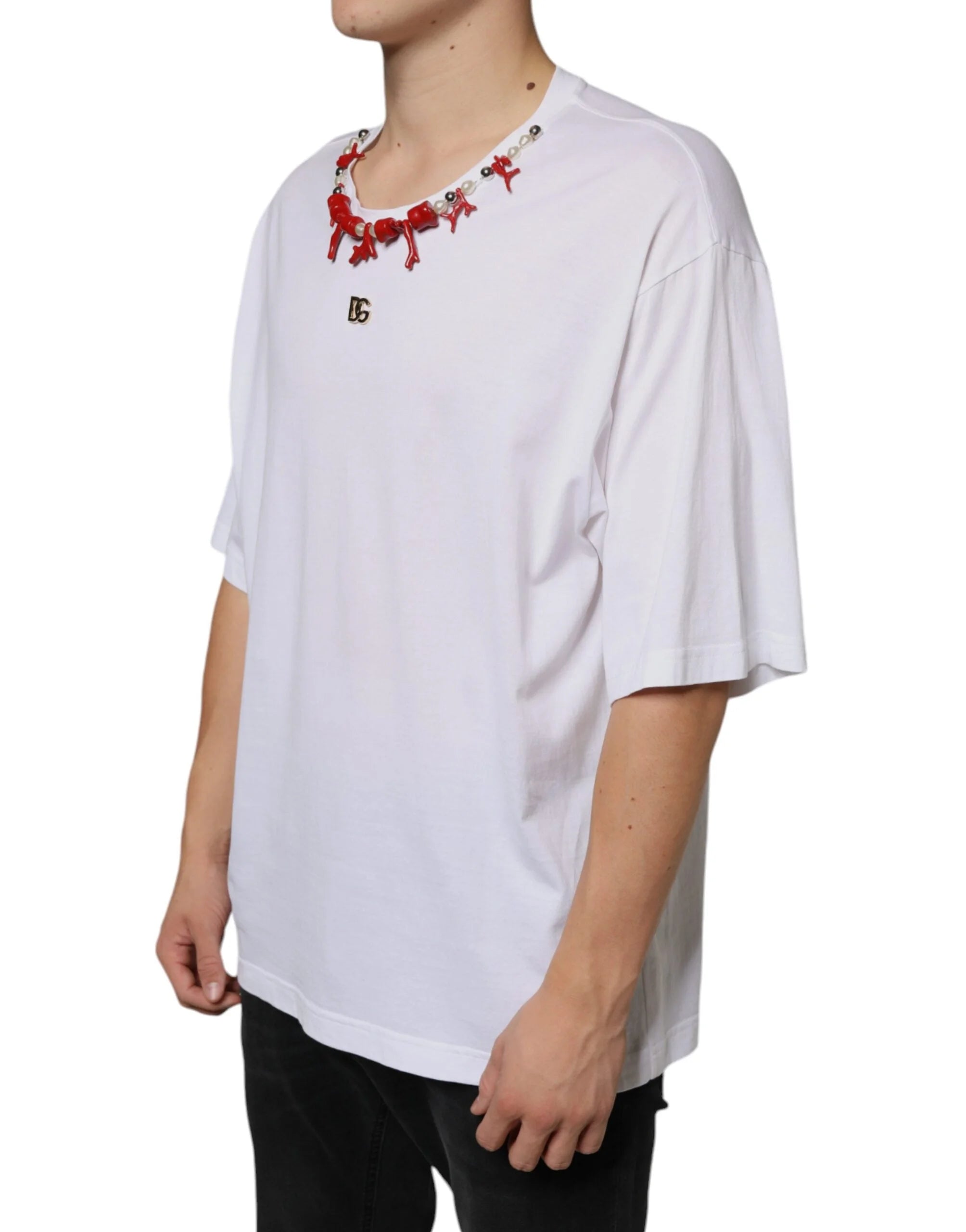 Dolce & Gabbana White Cotton Necklace Embellished T-shirt - IT58 | 3XL - T-Shirts