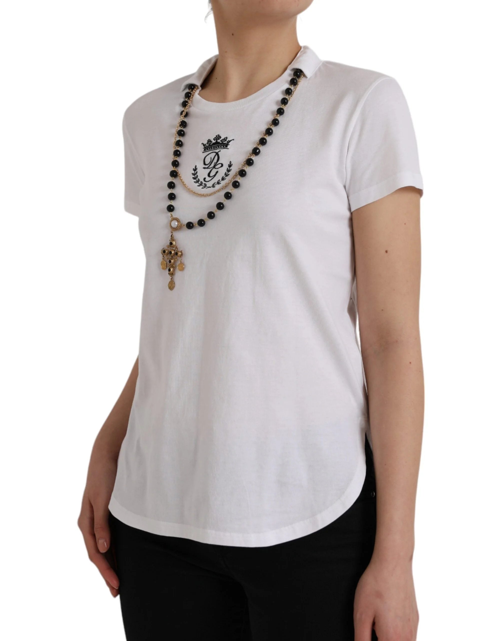 Dolce & Gabbana White Cotton Necklace Short Sleeves T-shirt - IT38 | XS - T-Shirts