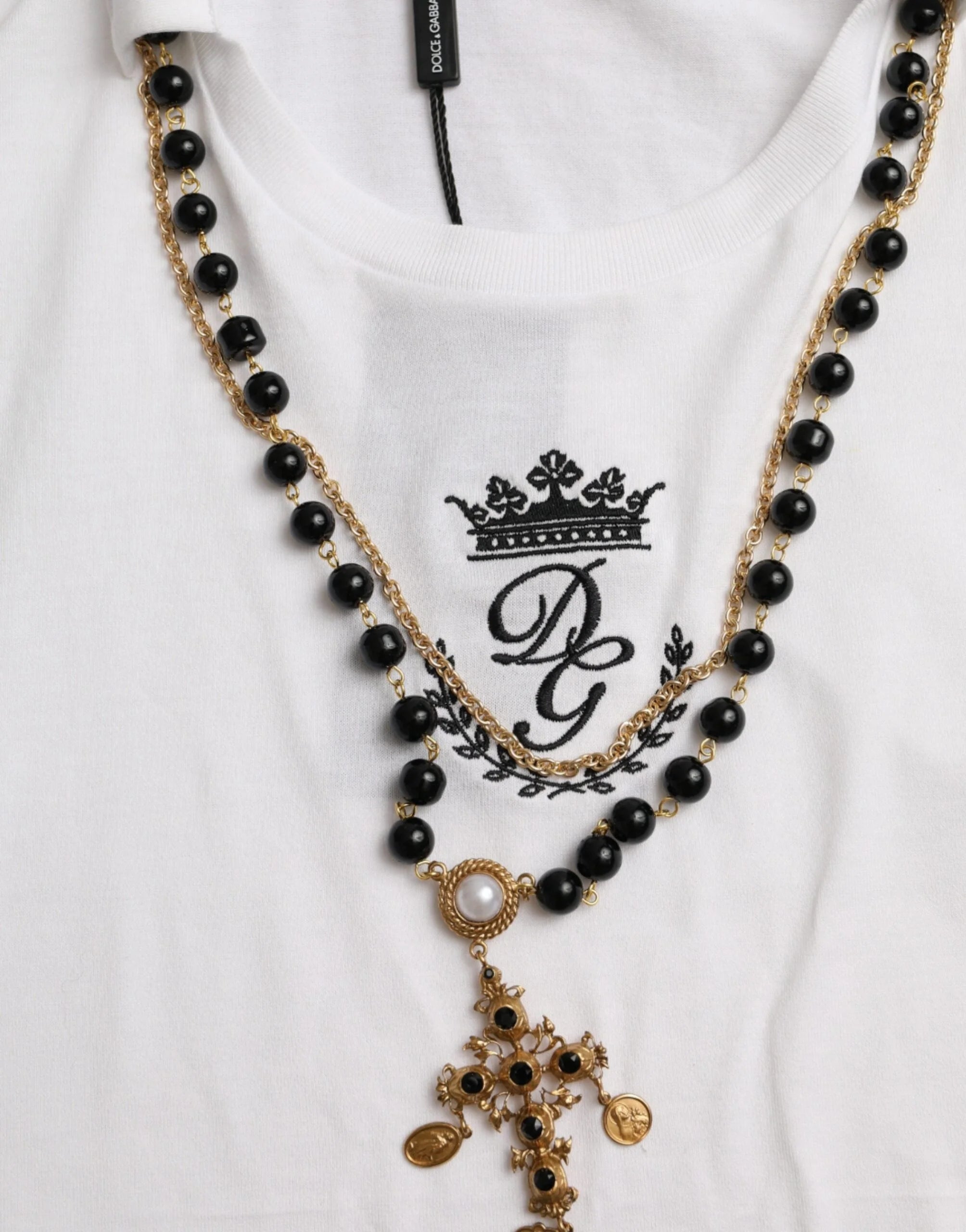 Dolce & Gabbana White Cotton Necklace Short Sleeves T-shirt - IT38 | XS - T-Shirts
