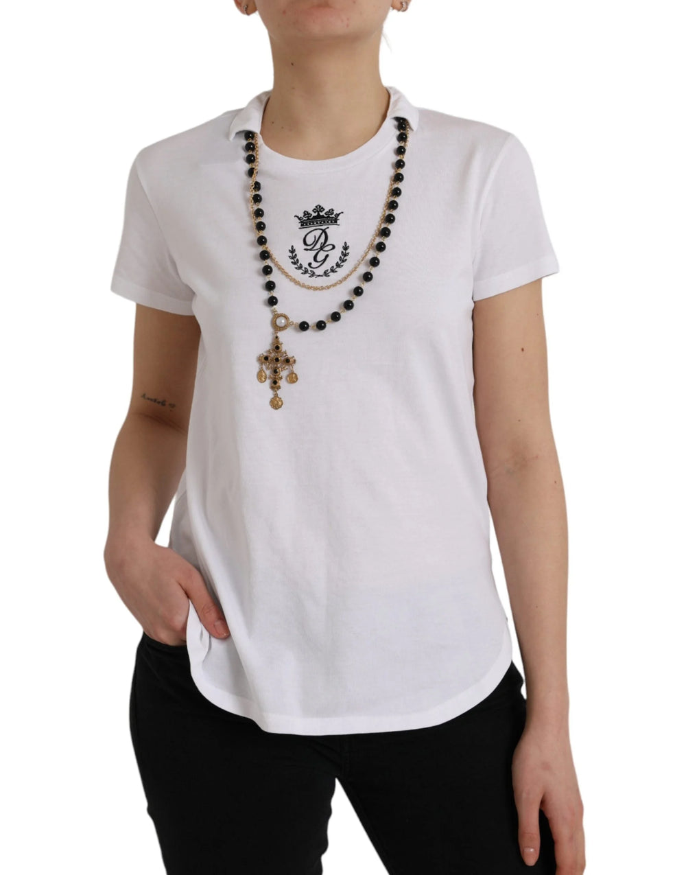 Dolce & Gabbana White Cotton Necklace Short Sleeves T-shirt - IT38 | XS - T-Shirts