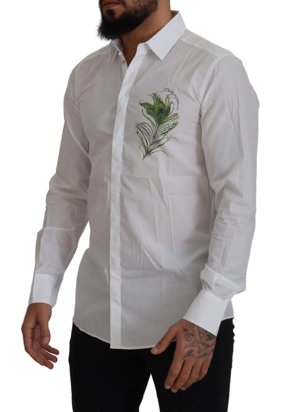 Dolce & Gabbana White Cotton Peacock Feather Formal GOLD Shirt - IT41 | L - Shirts