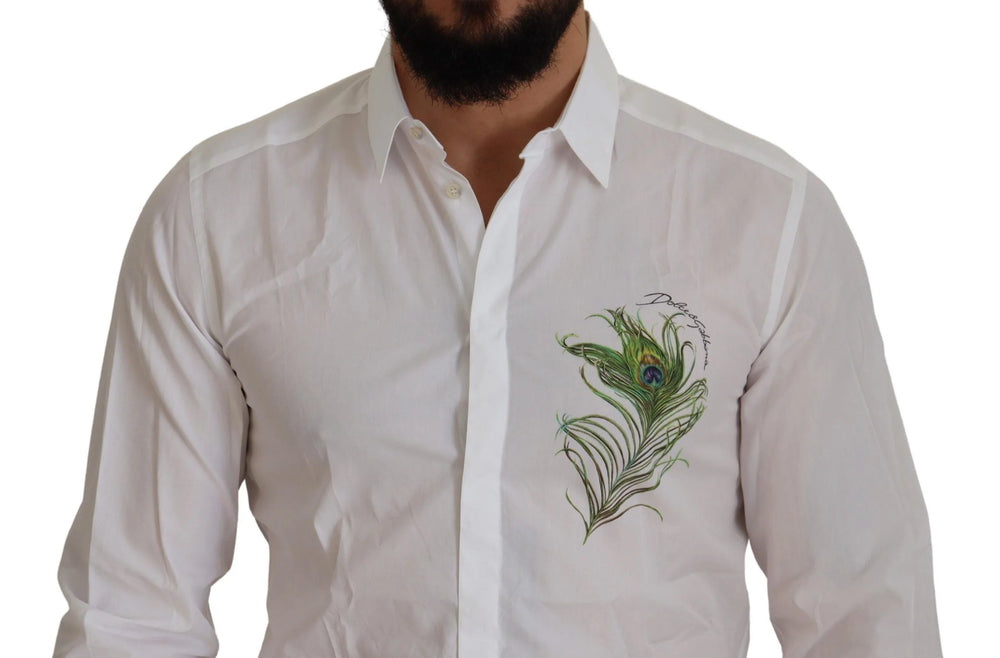 Dolce & Gabbana White Cotton Peacock Feather Formal GOLD Shirt - IT41 | L - Shirts