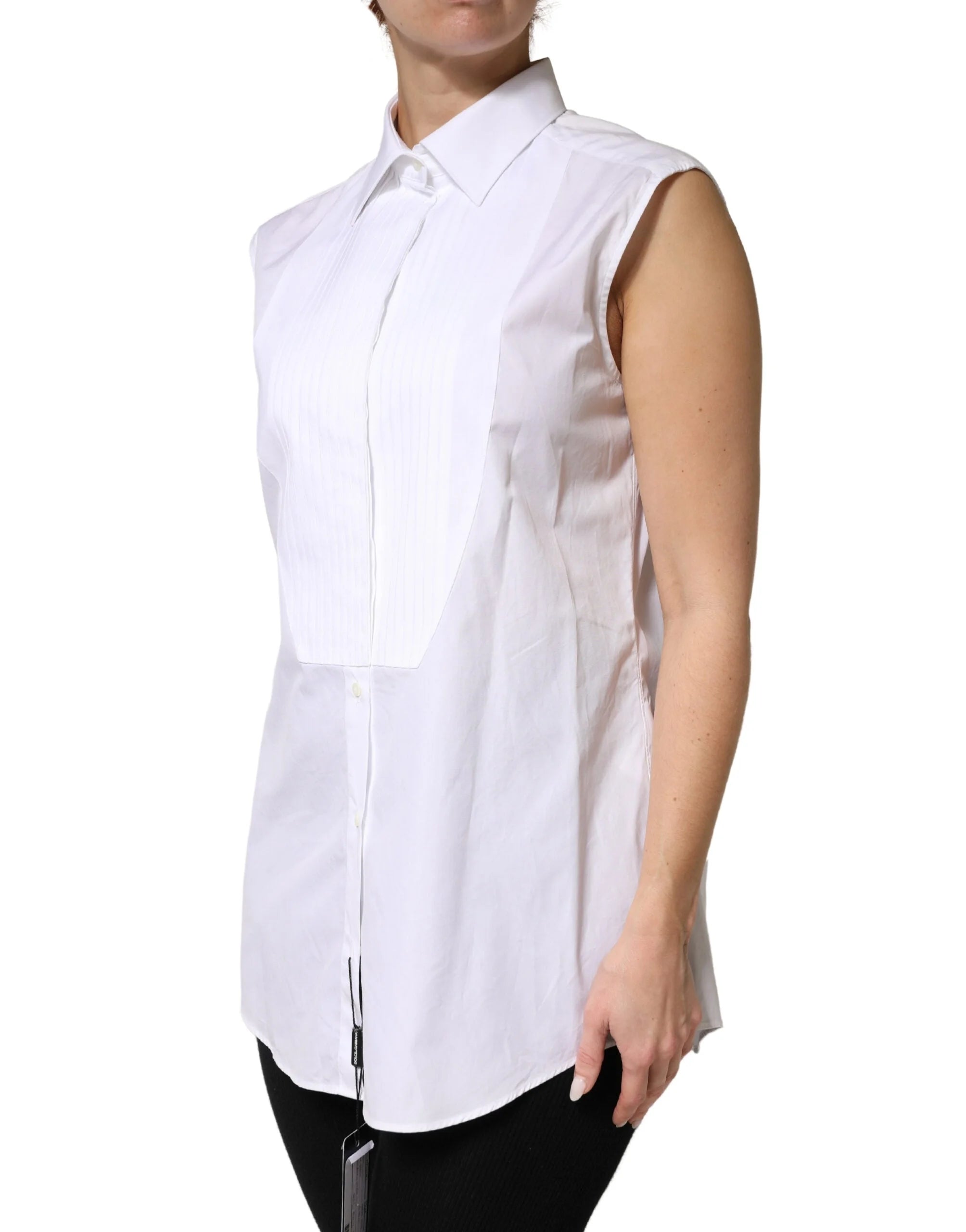 Dolce & Gabbana White Cotton Pleated Sleeveless Button Down Top - IT44 | L
