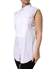 Dolce & Gabbana White Cotton Pleated Sleeveless Button Down Top - IT44 | L