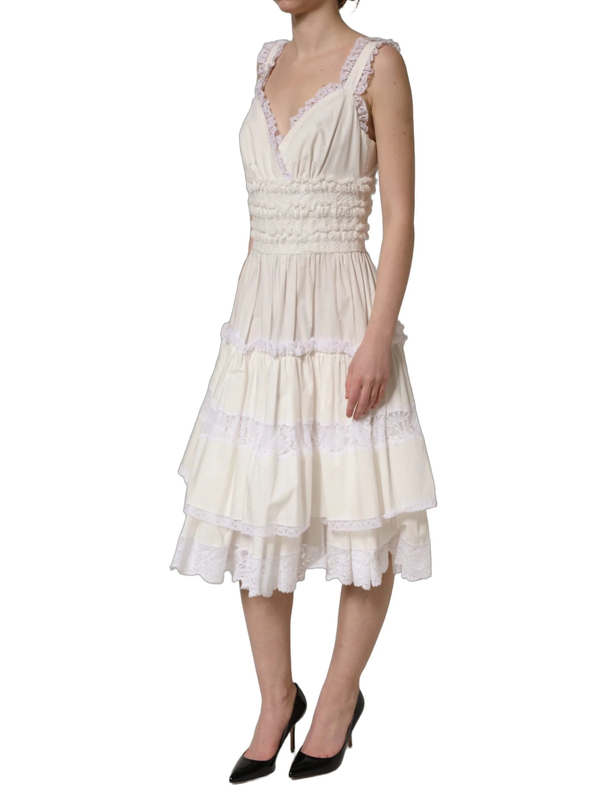 Dolce & Gabbana White Cotton Poplin Ruffled Midi Dress - IT36|XXS