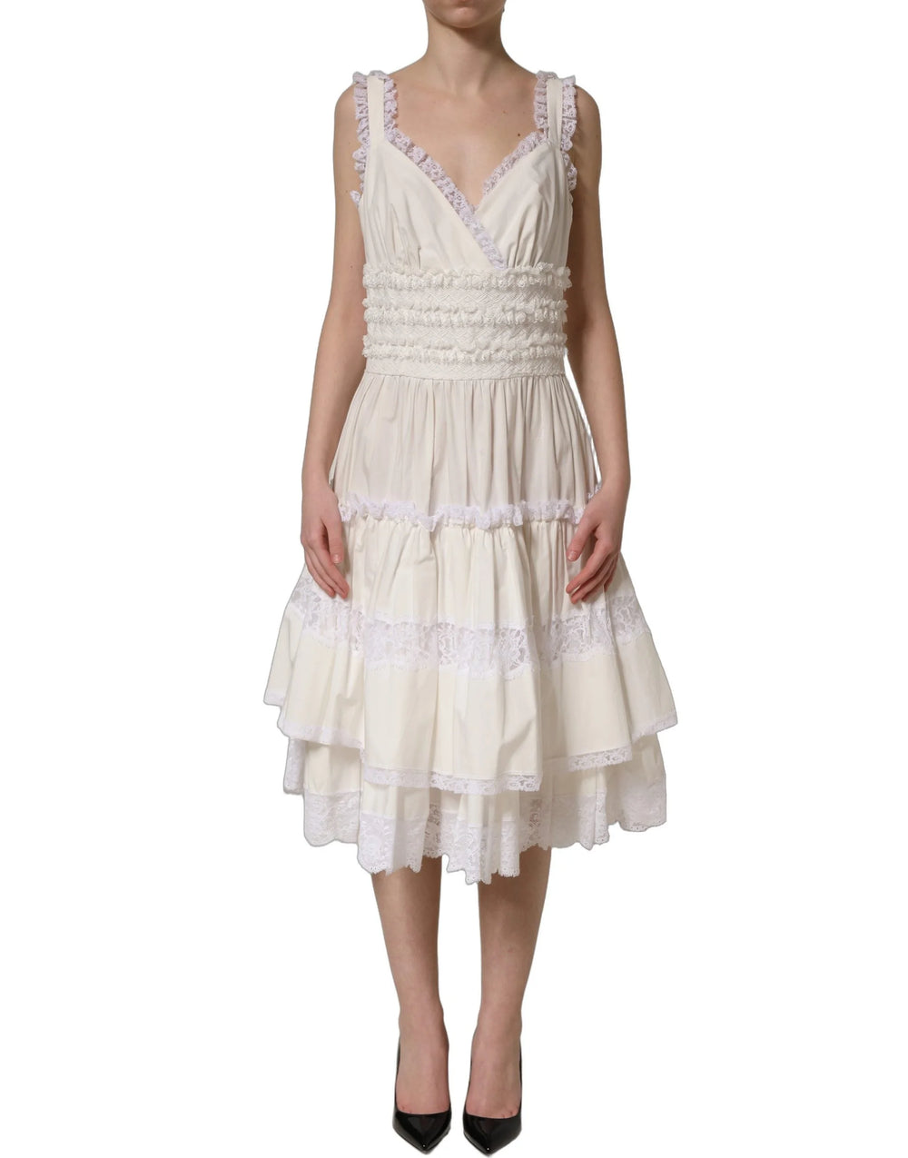 Dolce & Gabbana White Cotton Poplin Ruffled Midi Dress - IT36|XXS