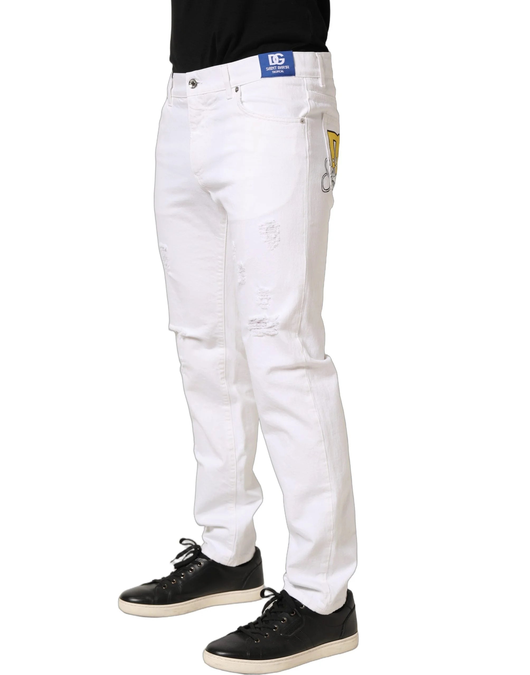 Dolce & Gabbana White Cotton Ripped Slim Fit Men Denim Jeans - IT50 | L