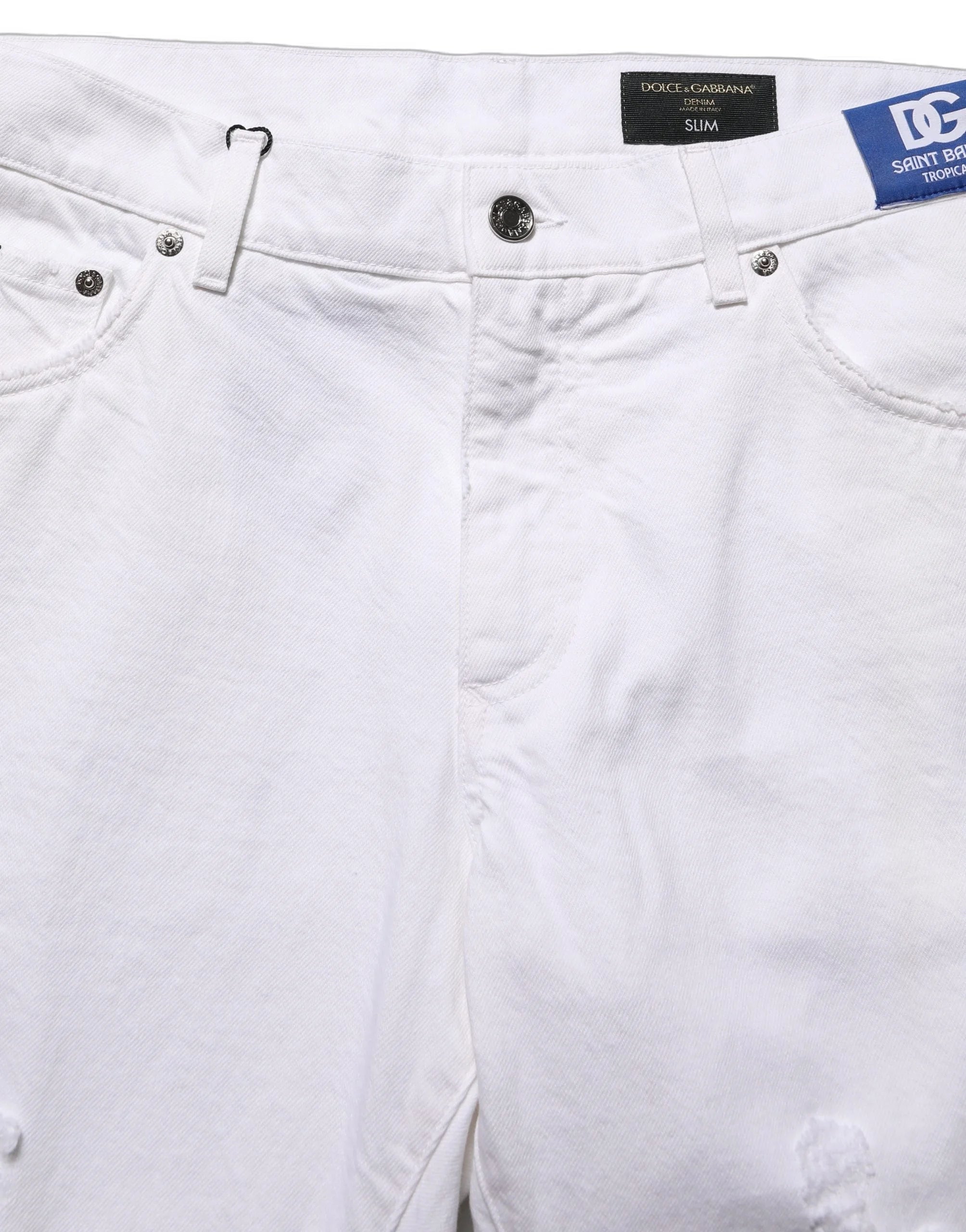 Dolce & Gabbana White Cotton Ripped Slim Fit Men Denim Jeans - IT50 | L