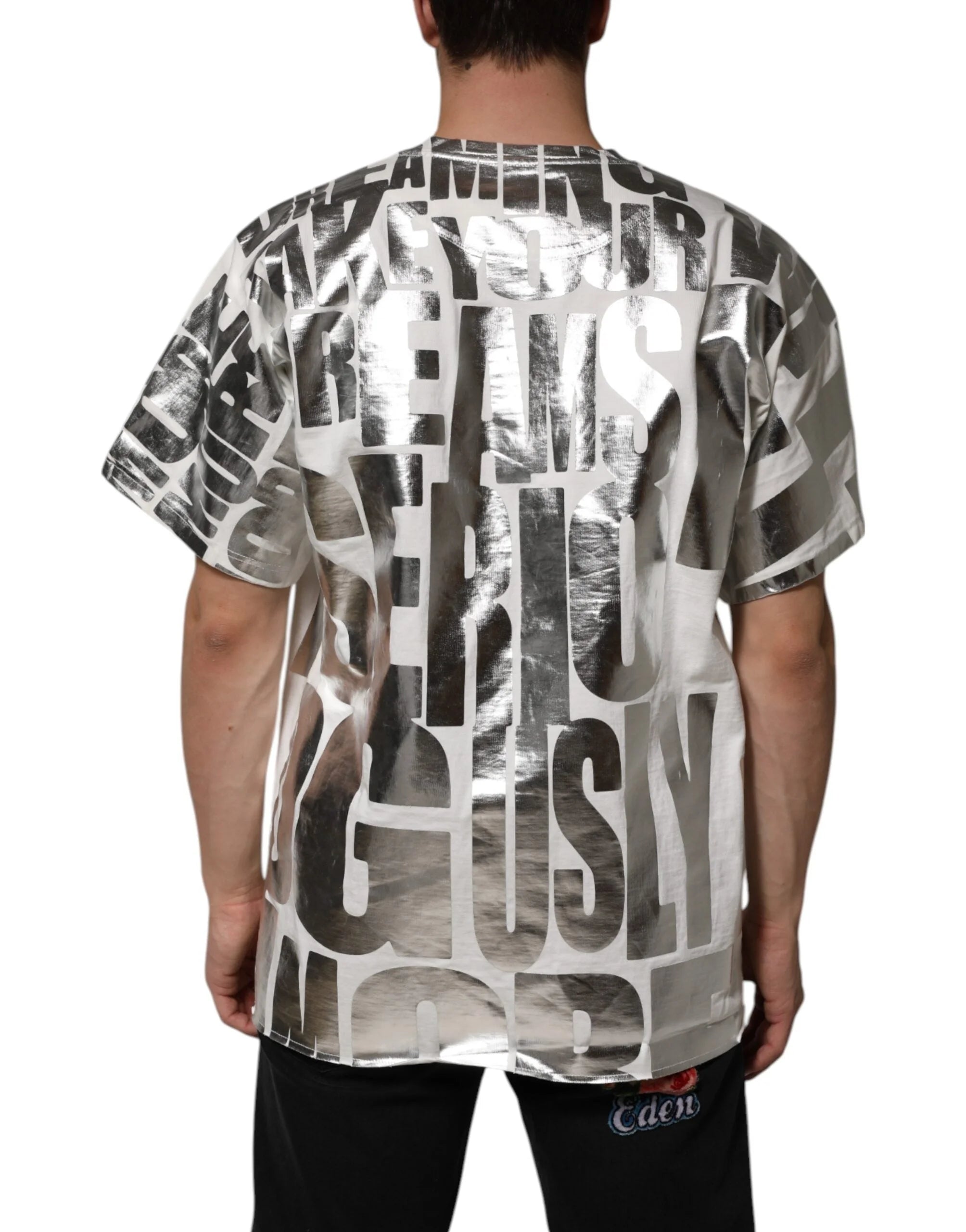 Dolce & Gabbana White Cotton Silver Metallic Slogan Print T-shirt - M - T-Shirts