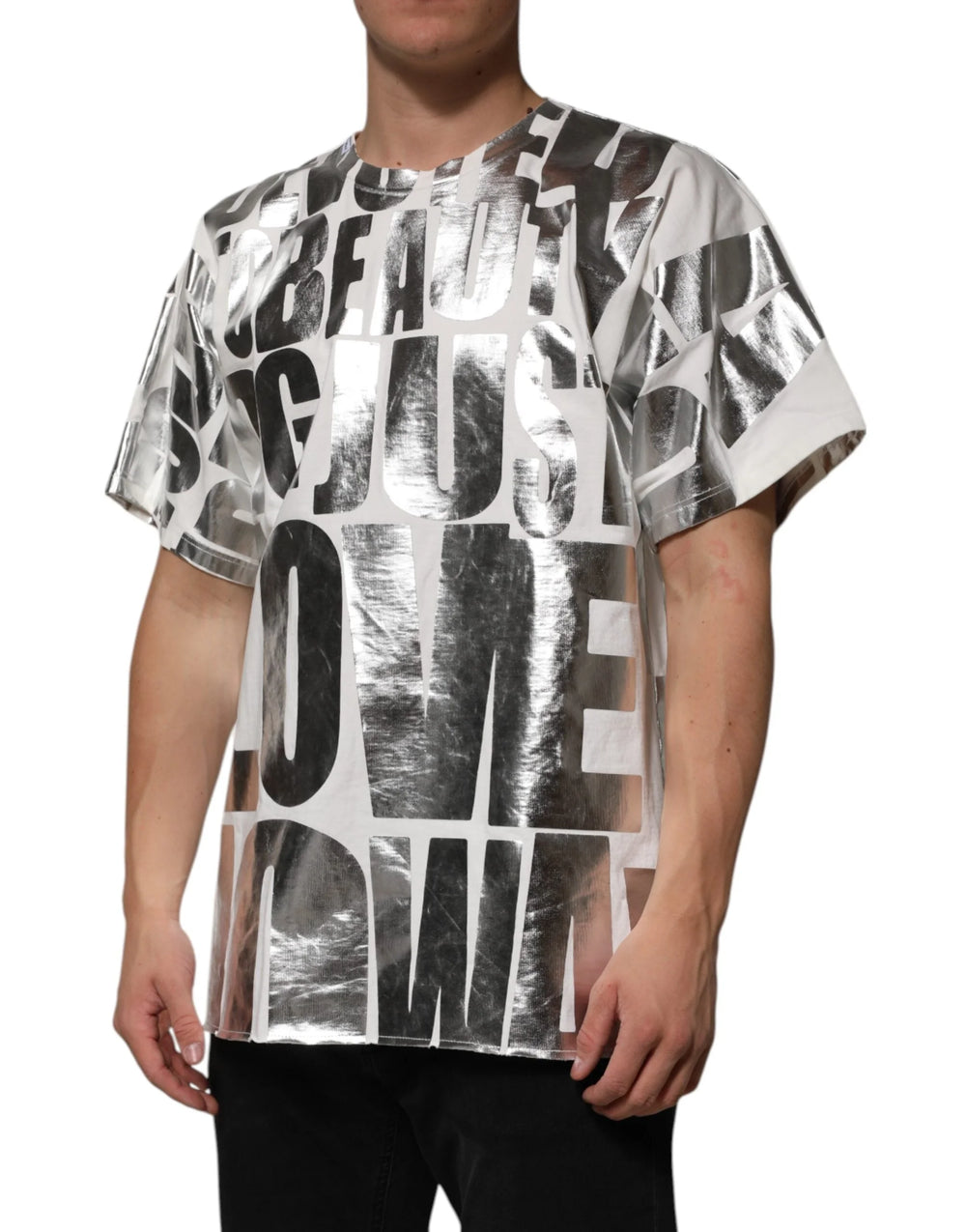 Dolce & Gabbana White Cotton Silver Metallic Slogan Print T-shirt - M - T-Shirts