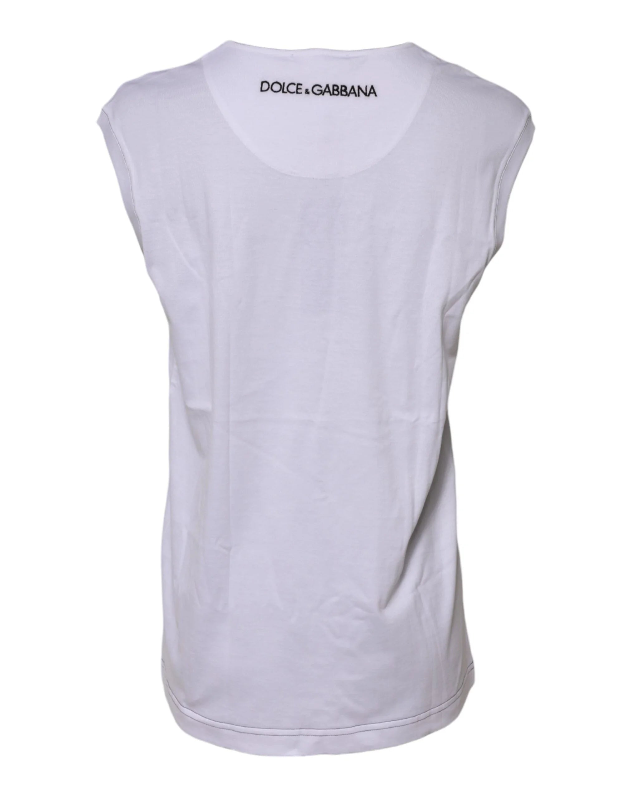 Dolce & Gabbana White Cotton Sleeveless Printed Tank T-shirt - IT36|XXS - Tank Tops