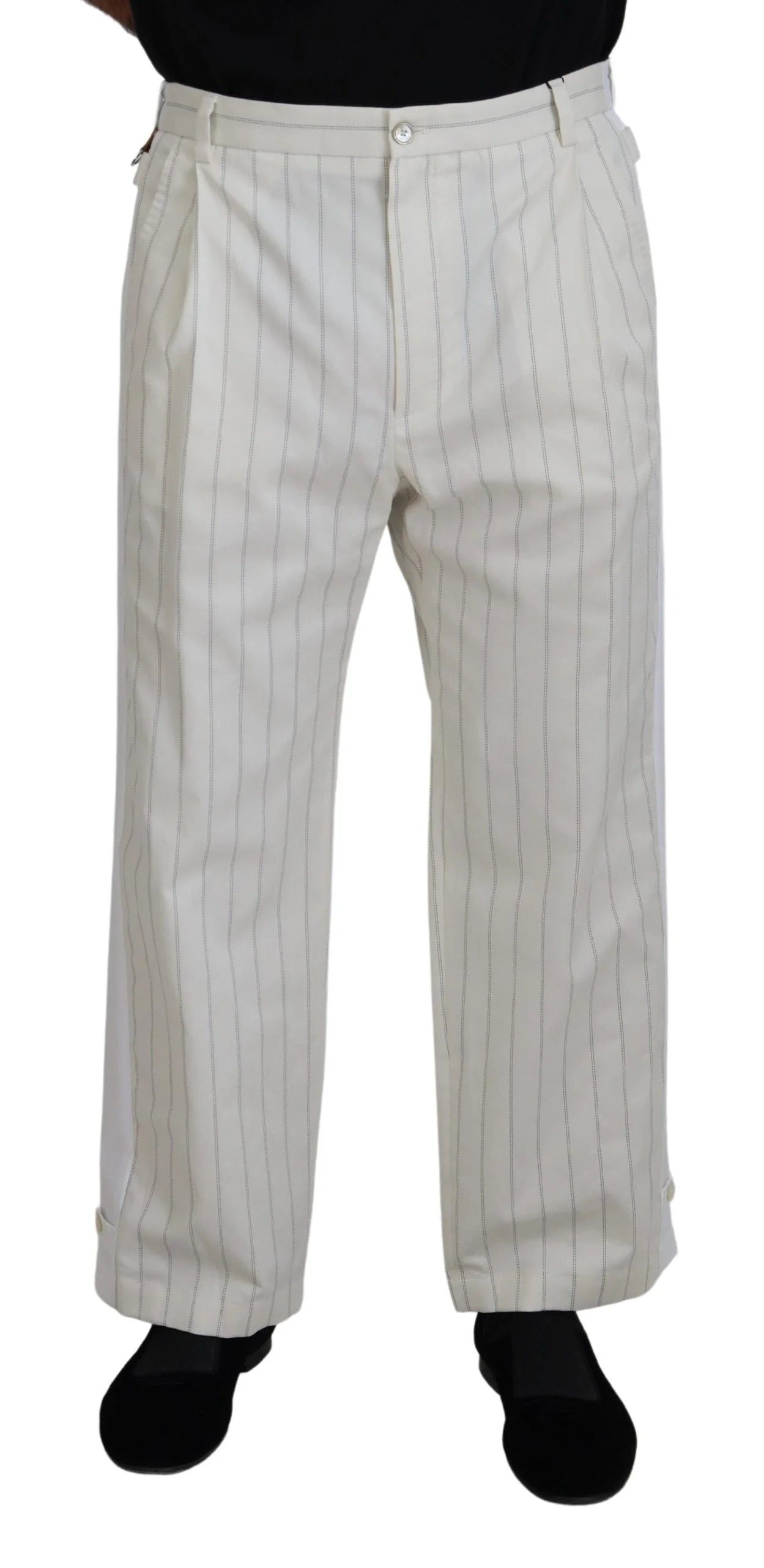 Dolce & Gabbana White Cotton Striped Formal Pants - Trousers