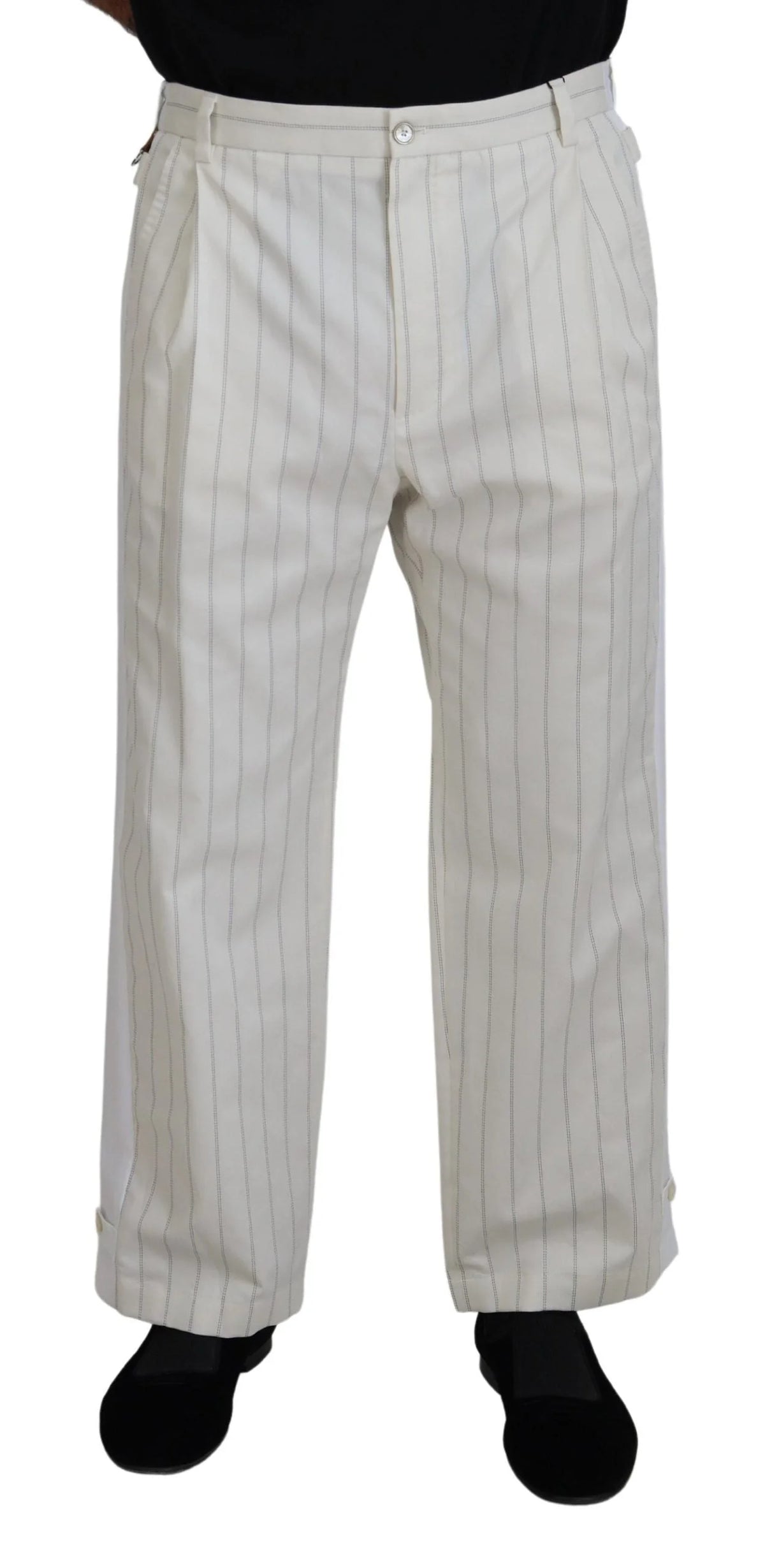 Dolce & Gabbana White Cotton Striped Formal Pants - Trousers