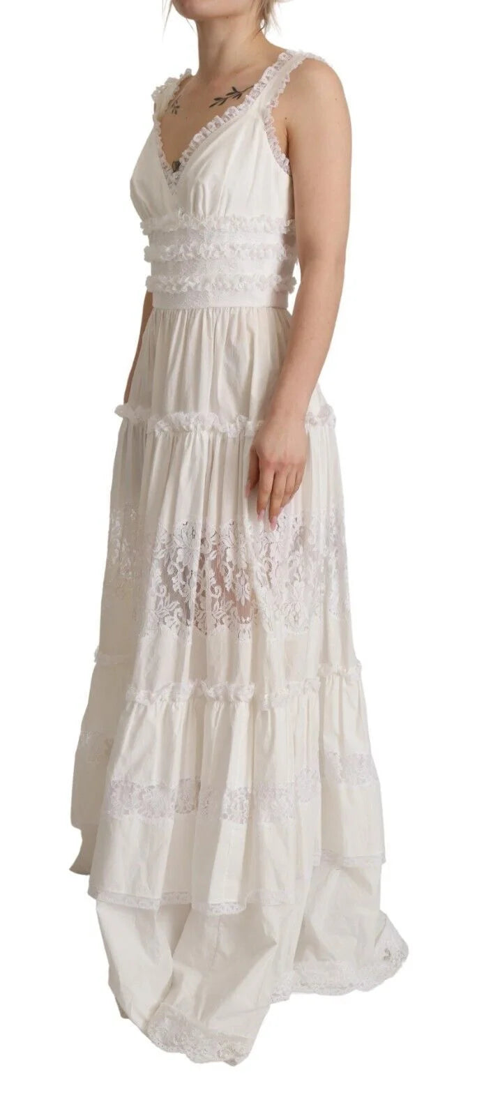 Dolce & Gabbana White Cotton Tiered Long Maxi A-line Dress - IT40|S - Dresses