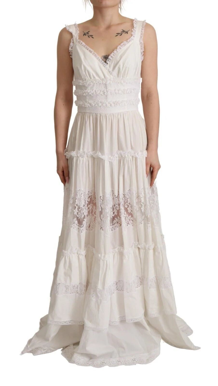 Dolce & Gabbana White Cotton Tiered Long Maxi A-line Dress - IT40|S - Dresses