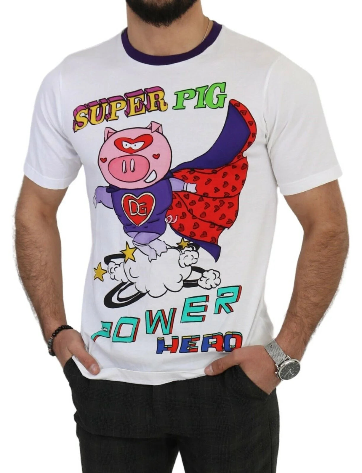 Dolce & Gabbana White Cotton Top Super Power Pig T-shirt - T-Shirts