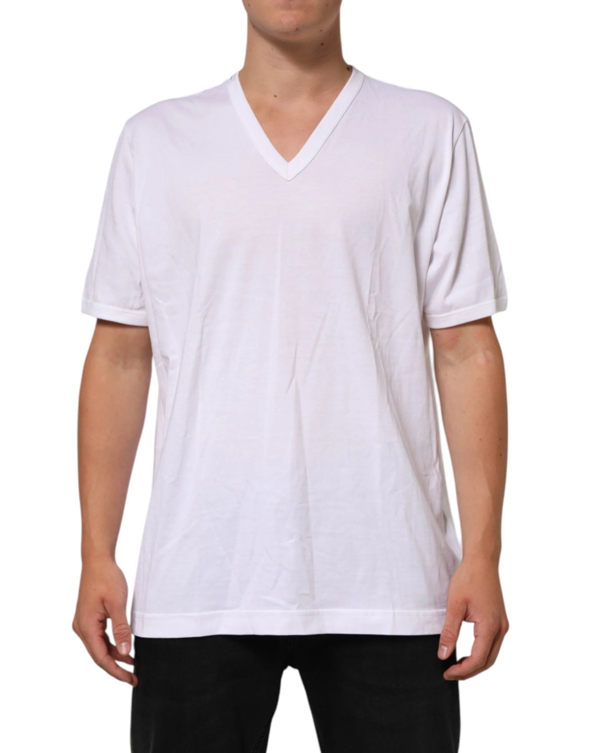 Dolce & Gabbana White Cotton V-Neck Short Sleeves T-shirt - IT60 | 3XL
