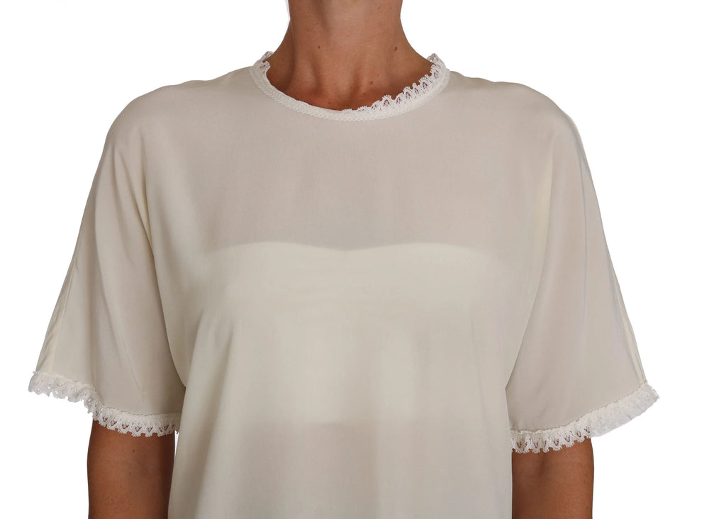 Dolce & Gabbana White Cream Silk Lace Top Blouse T-Shirt - IT44|L - Blouses