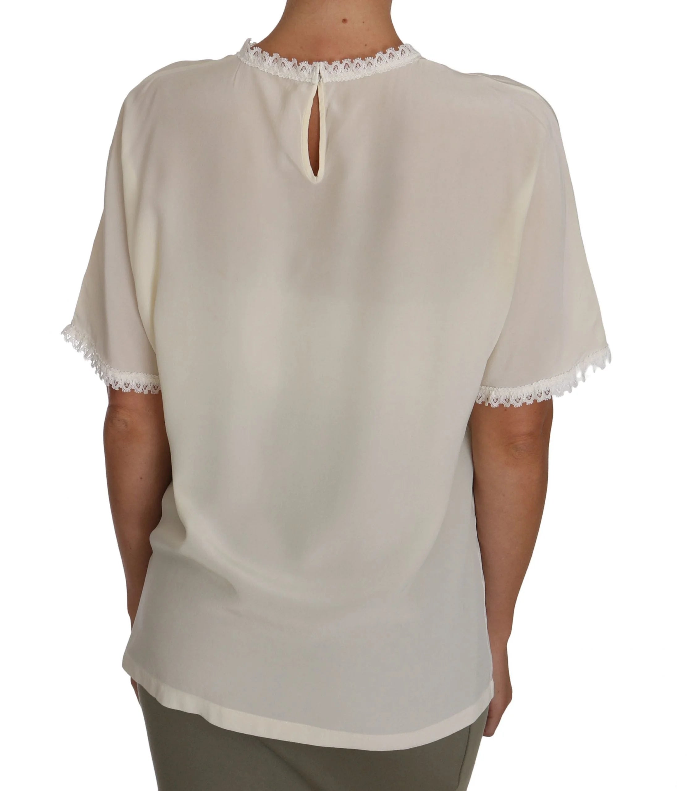 Dolce & Gabbana White Cream Silk Lace Top Blouse T-Shirt - IT44|L - Blouses