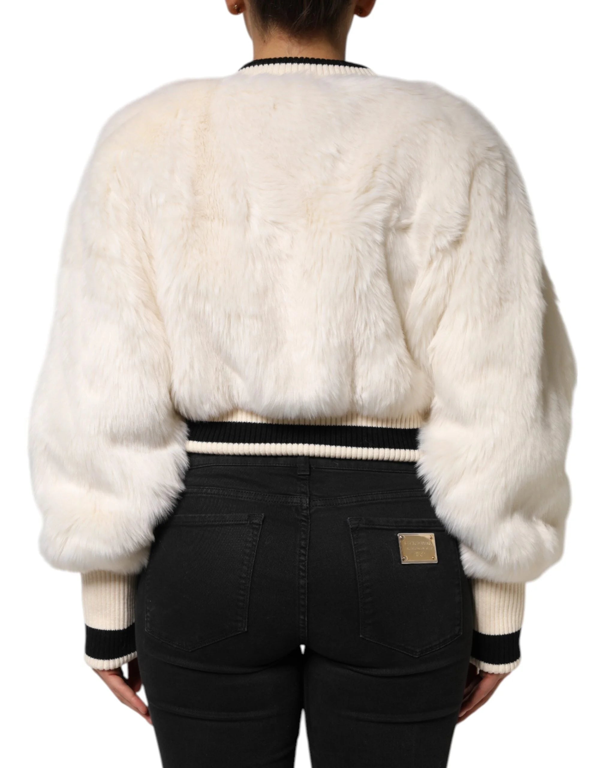 Dolce & Gabbana White Cropped Faux Fur DG Sweatshirt Sweater - Sweatshirts