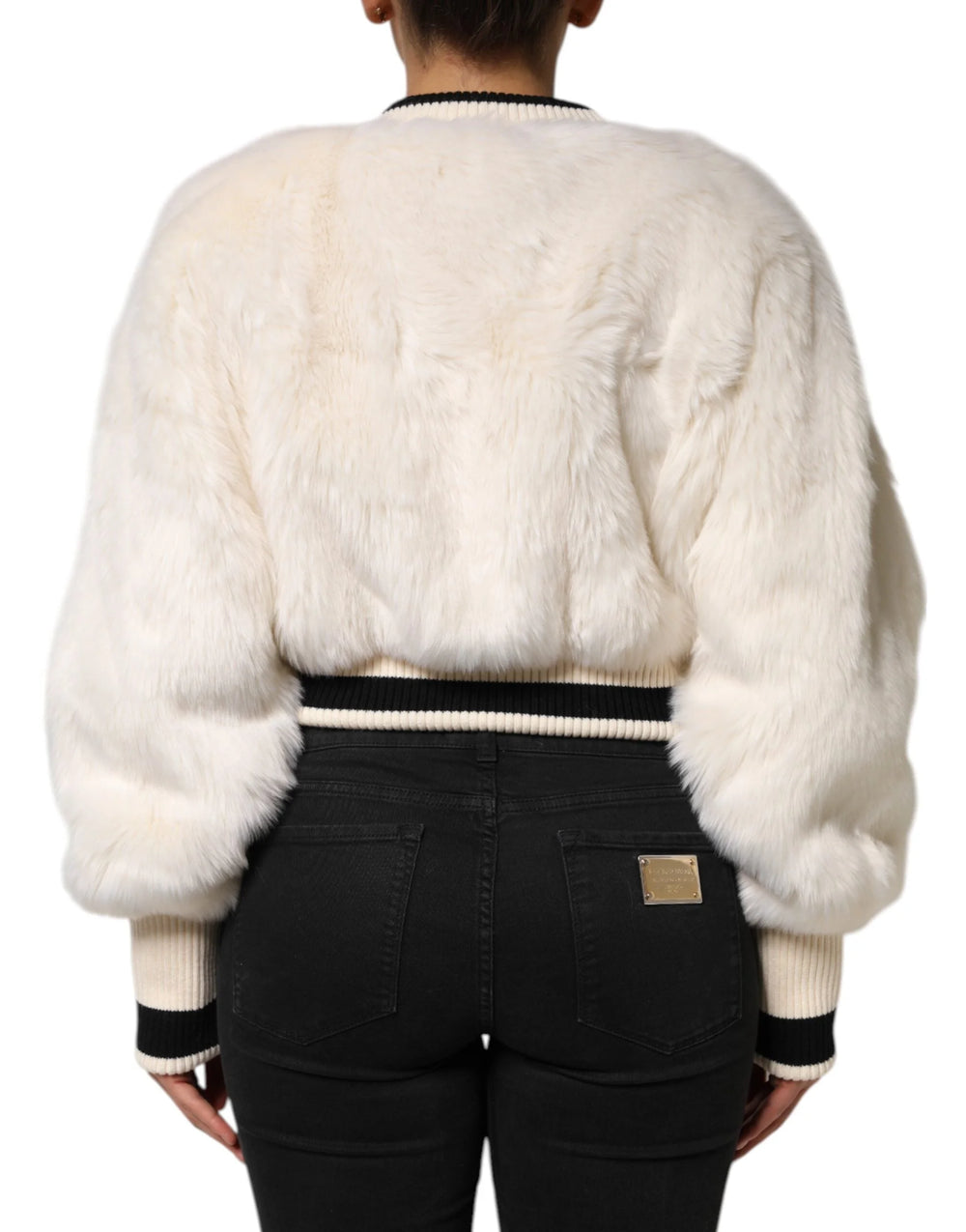 Dolce & Gabbana White Cropped Faux Fur DG Sweatshirt Sweater - Sweatshirts