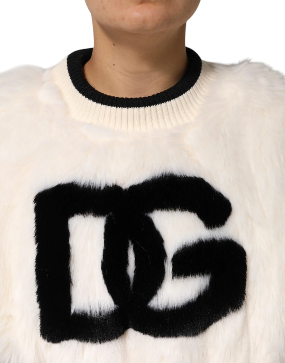 Dolce & Gabbana White Cropped Faux Fur DG Sweatshirt Sweater - Sweatshirts