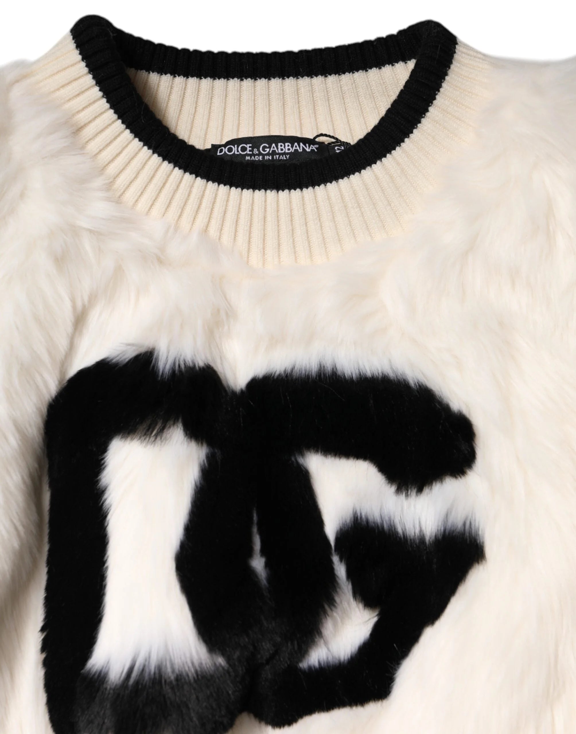 Dolce & Gabbana White Cropped Faux Fur DG Sweatshirt Sweater - Sweatshirts