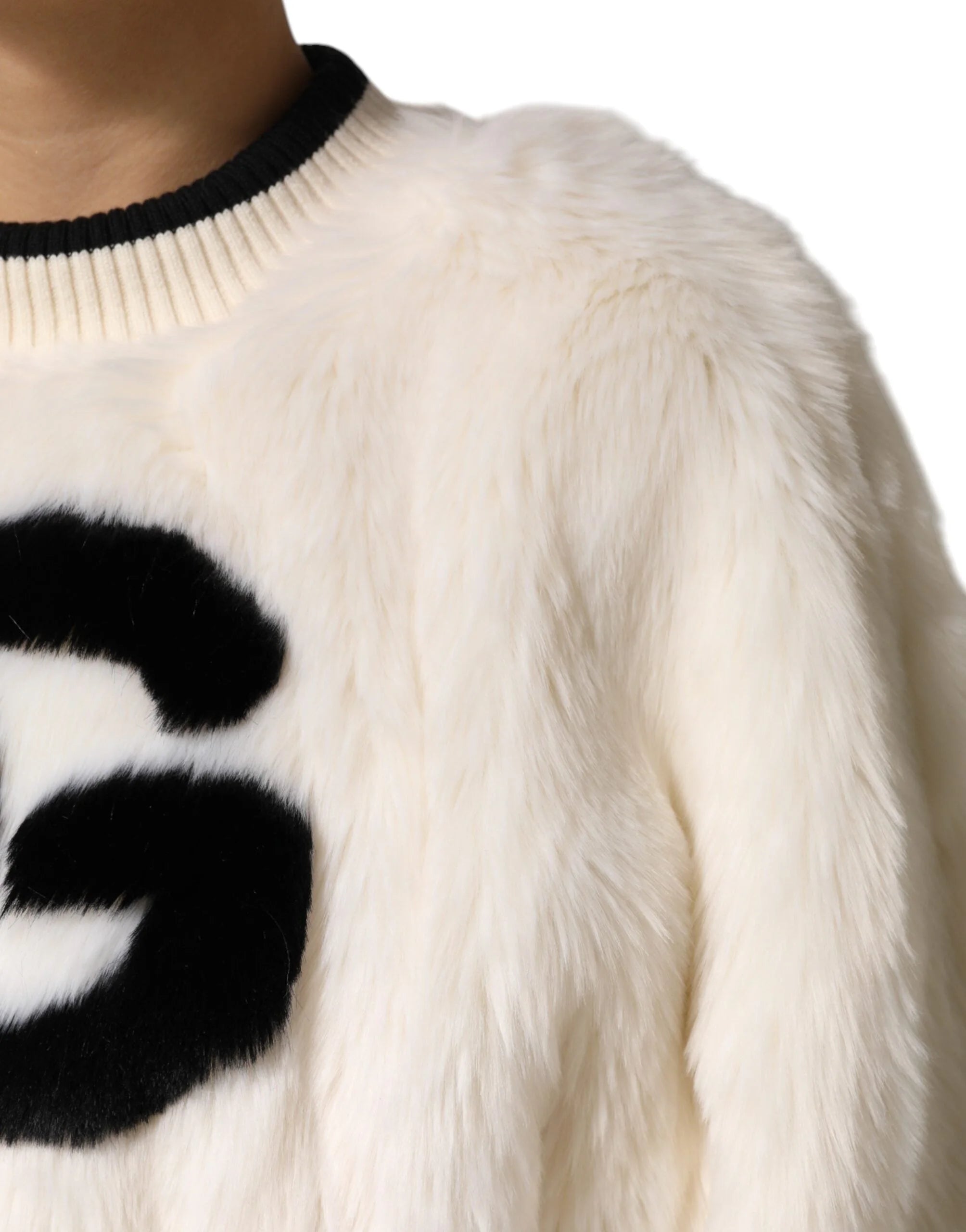 Dolce & Gabbana White Cropped Faux Fur DG Sweatshirt Sweater - Sweatshirts