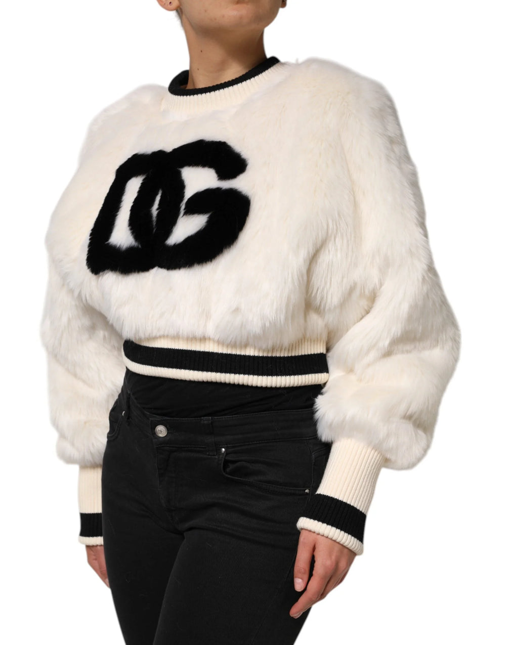 Dolce & Gabbana White Cropped Faux Fur DG Sweatshirt Sweater - Sweatshirts