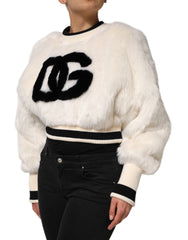 Dolce & Gabbana White Cropped Faux Fur DG Sweatshirt Sweater - Sweatshirts