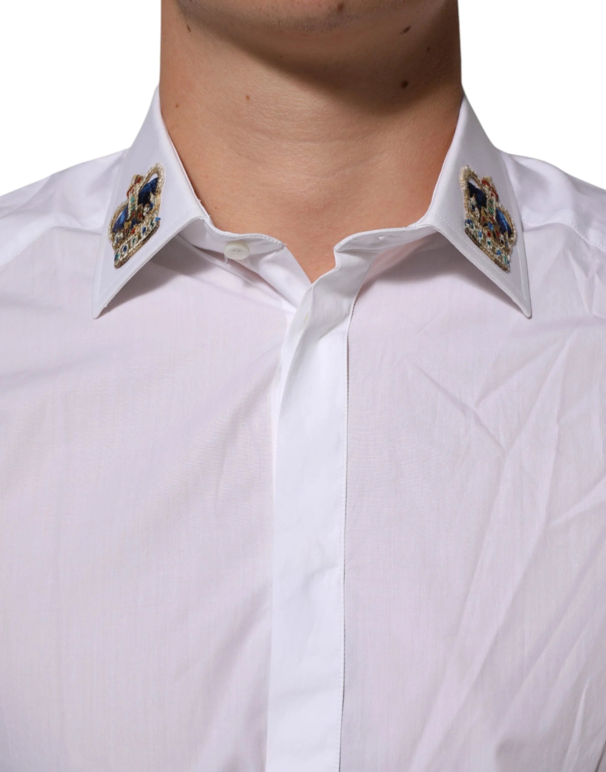 Dolce & Gabbana White Crown Collared GOLD Formal Dress Shirt - IT40 | M
