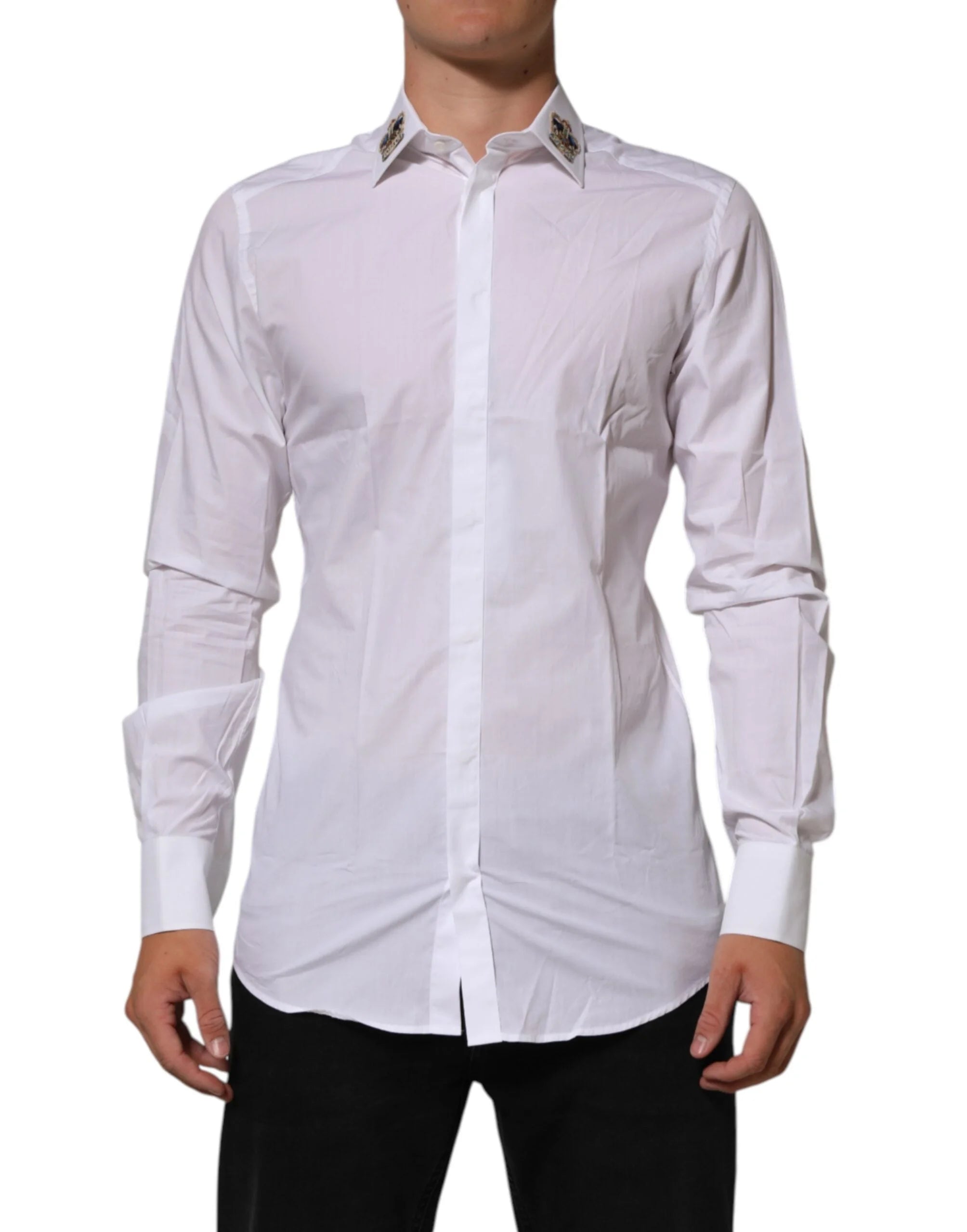 Dolce & Gabbana White Crown Collared GOLD Formal Dress Shirt - IT40 | M