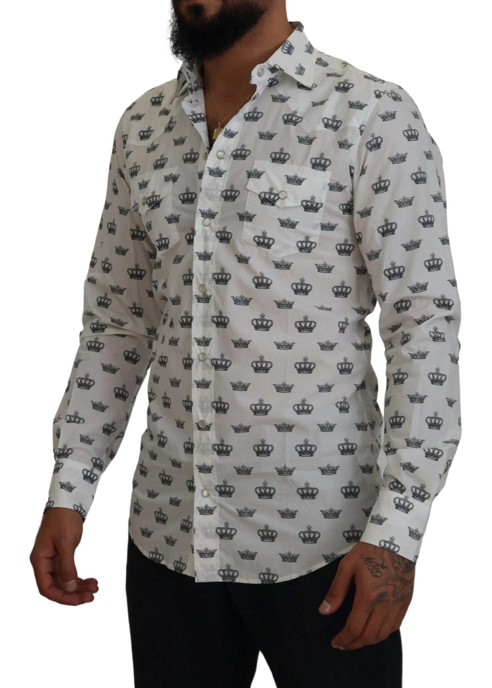 Dolce & Gabbana White Crown Print Slim Fit Cotton Shirt - IT37 | XS - Shirts