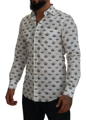 Dolce & Gabbana White Crown Print Slim Fit Cotton Shirt - IT37 | XS - Shirts