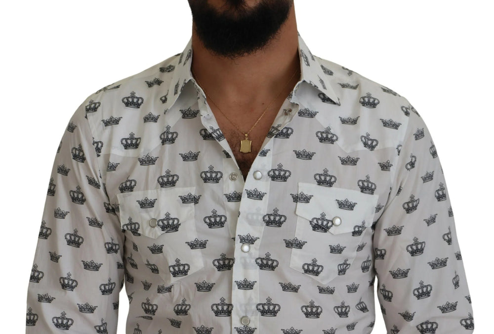 Dolce & Gabbana White Crown Print Slim Fit Cotton Shirt - IT37 | XS - Shirts