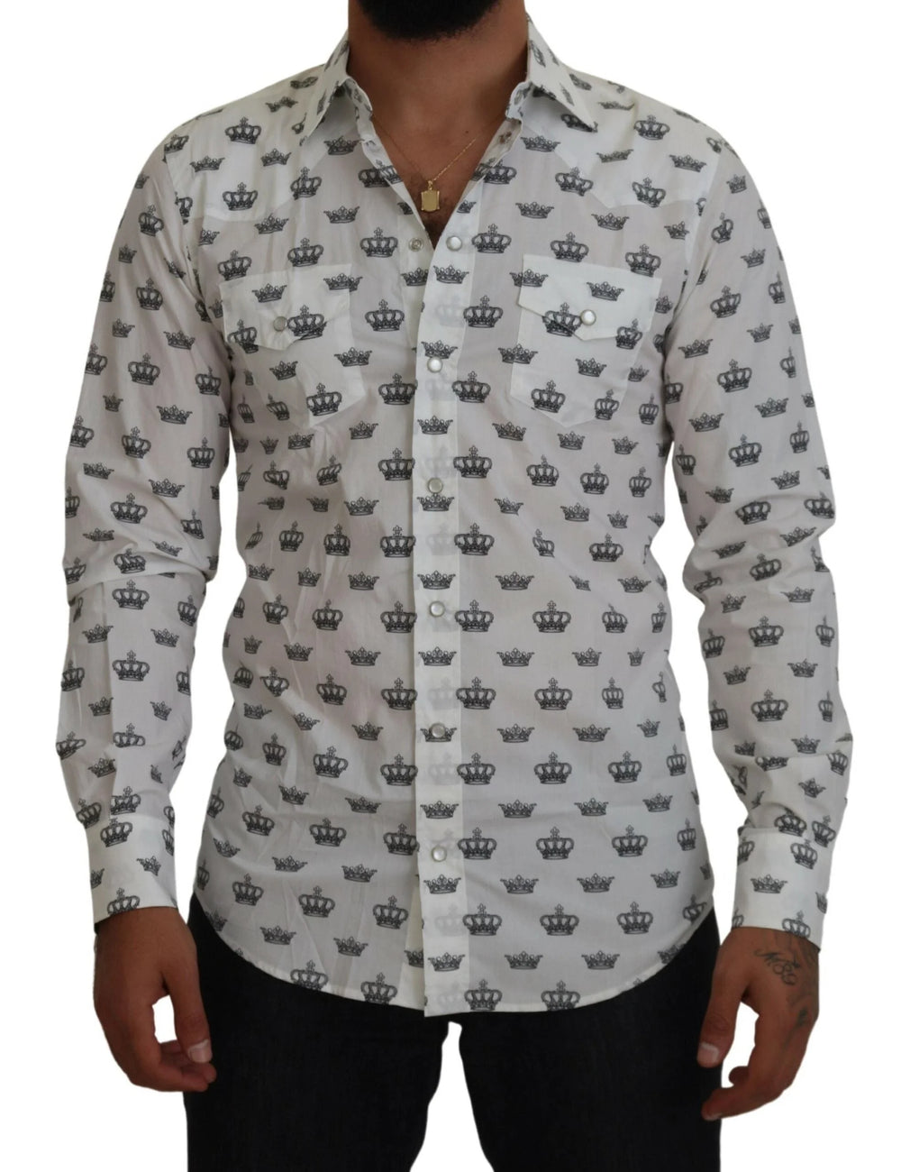 Dolce & Gabbana White Crown Print Slim Fit Cotton Shirt - IT37 | XS - Shirts