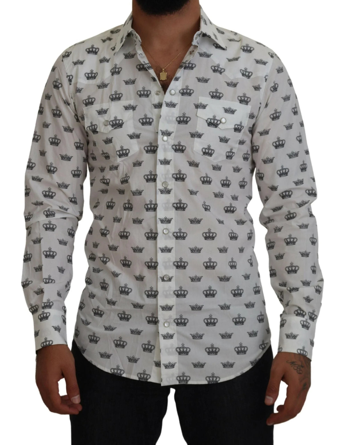 Dolce & Gabbana White Crown Print Slim Fit Cotton Shirt - IT37 | XS - Shirts