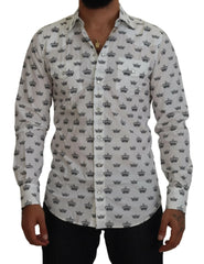Dolce & Gabbana White Crown Print Slim Fit Cotton Shirt - IT37 | XS - Shirts