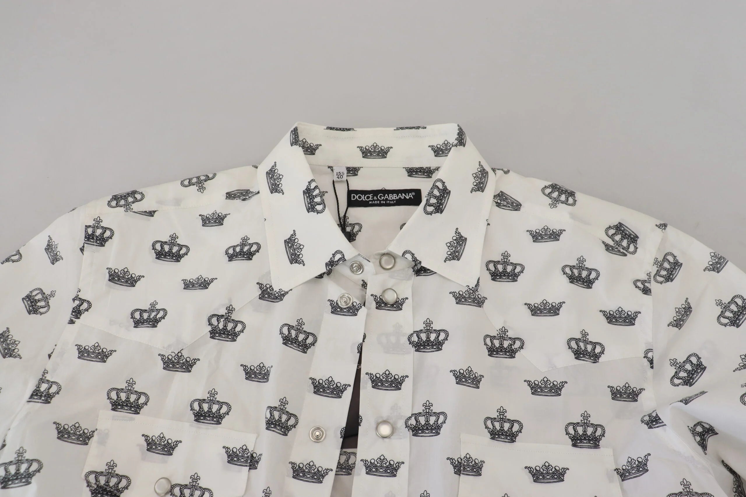 Dolce & Gabbana White Crown Print Slim Fit Cotton Shirt - IT37 | XS - Shirts