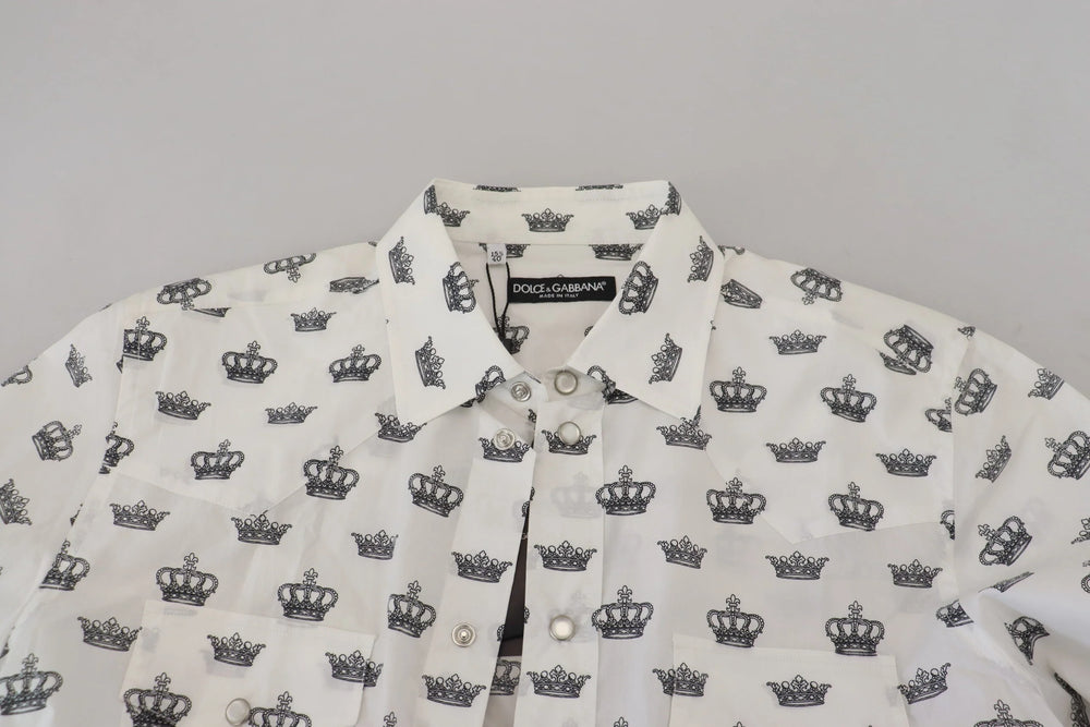 Dolce & Gabbana White Crown Print Slim Fit Cotton Shirt - IT37 | XS - Shirts