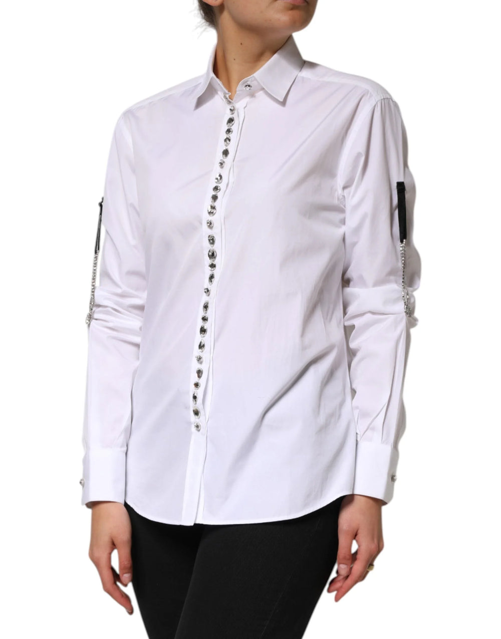 Dolce & Gabbana White Crystal Embellished Collared Shirt Top - IT38 | XS - Shirts